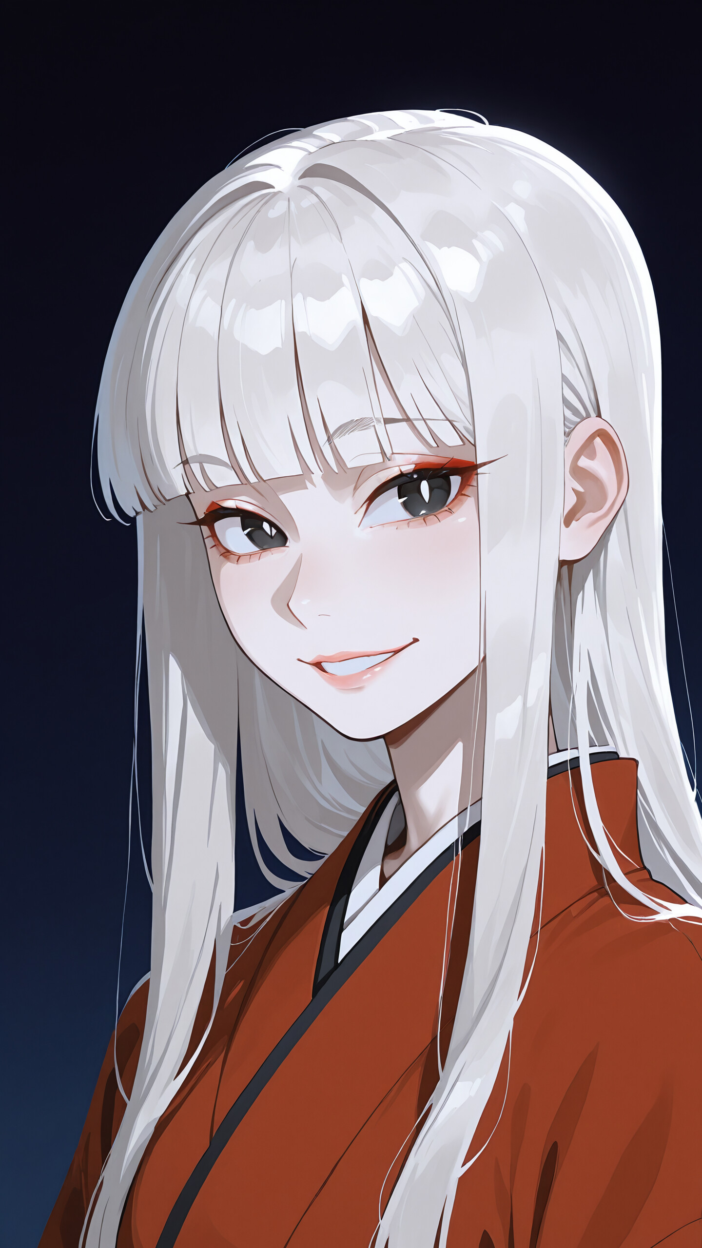 An upper-body portrait of an anime character with long white hair and blunt bangs, wearing a red kimono and smiling mysteriously against a dark night background.