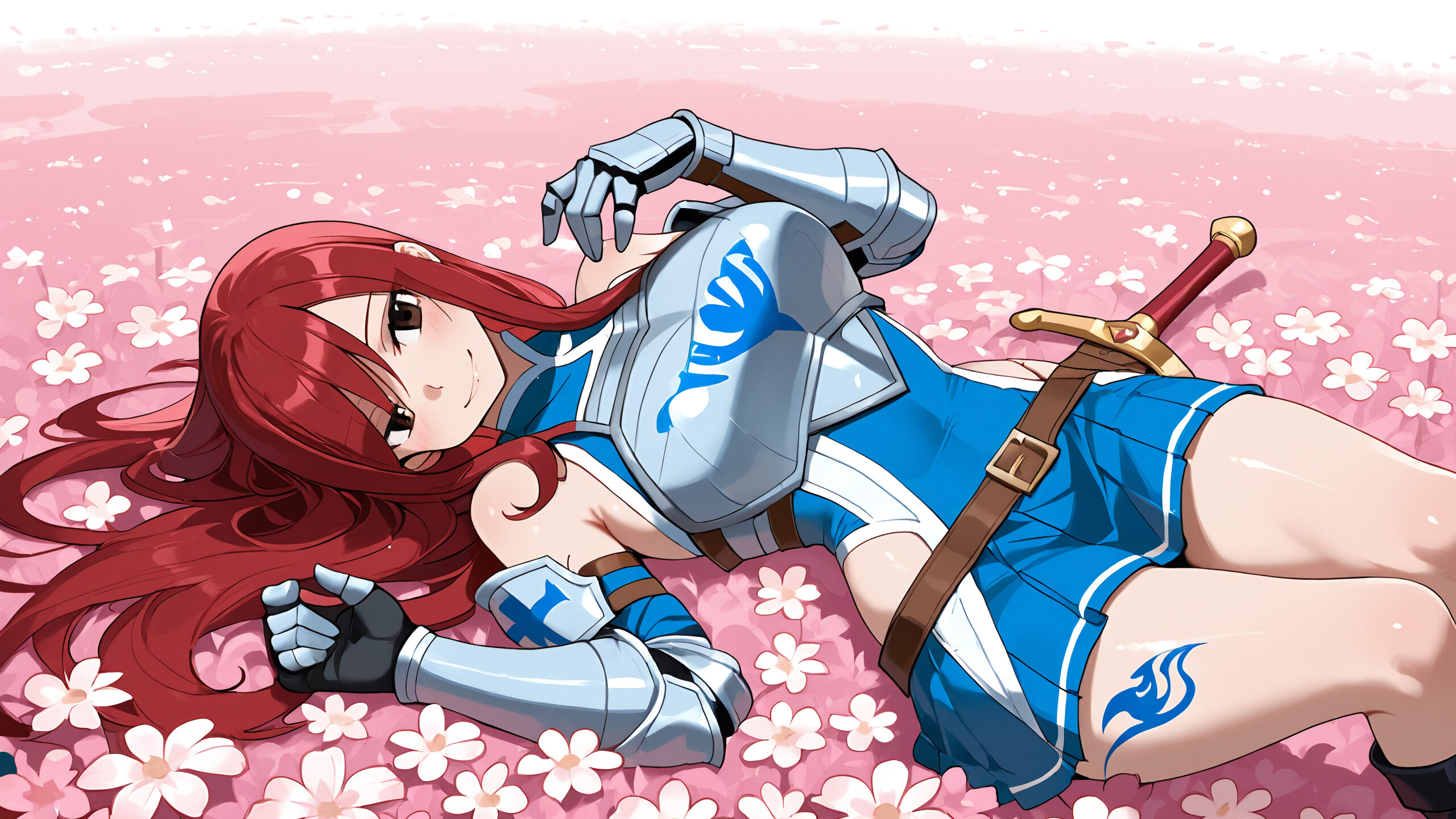 Erza Scarlet from Fairy Tail, a red-haired warrior in silver and blue armor and a blue skirt, stands smiling in a field of white flowers with a castle in the background, holding a sword.
