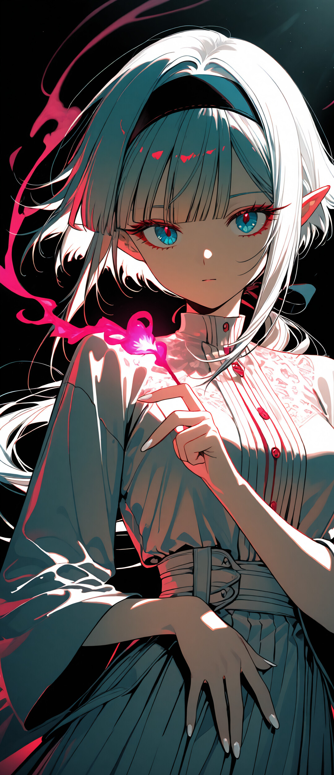 An anime-style illustration of an elf girl with long silver hair, pointed ears, and vibrant blue eyes. She is wearing a black lace top and choker, looking at the viewer against a dark background with colorful wisps of light.