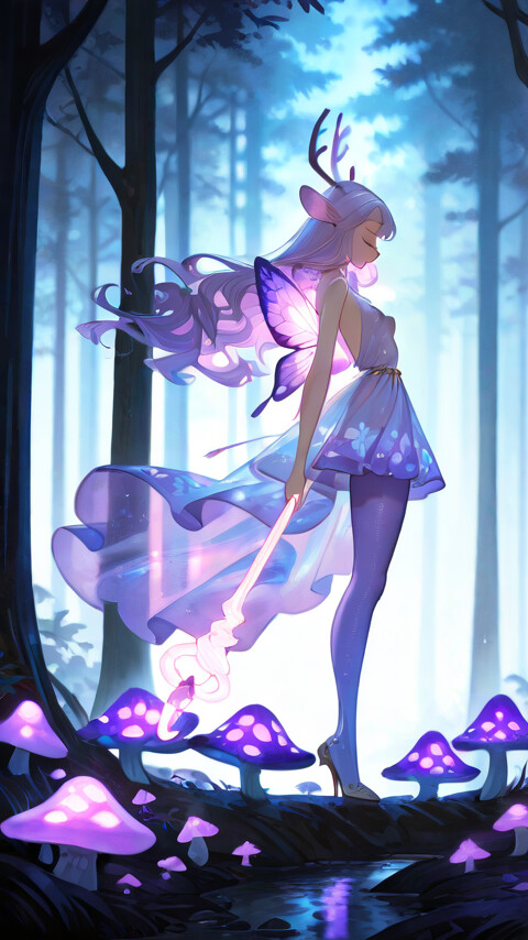 An anime-style illustration of a beautiful forest spirit with light purple hair, deer antlers, and large butterfly wings. She is holding a glowing staff and standing in a magical forest filled with glowing purple mushrooms and a small deer.