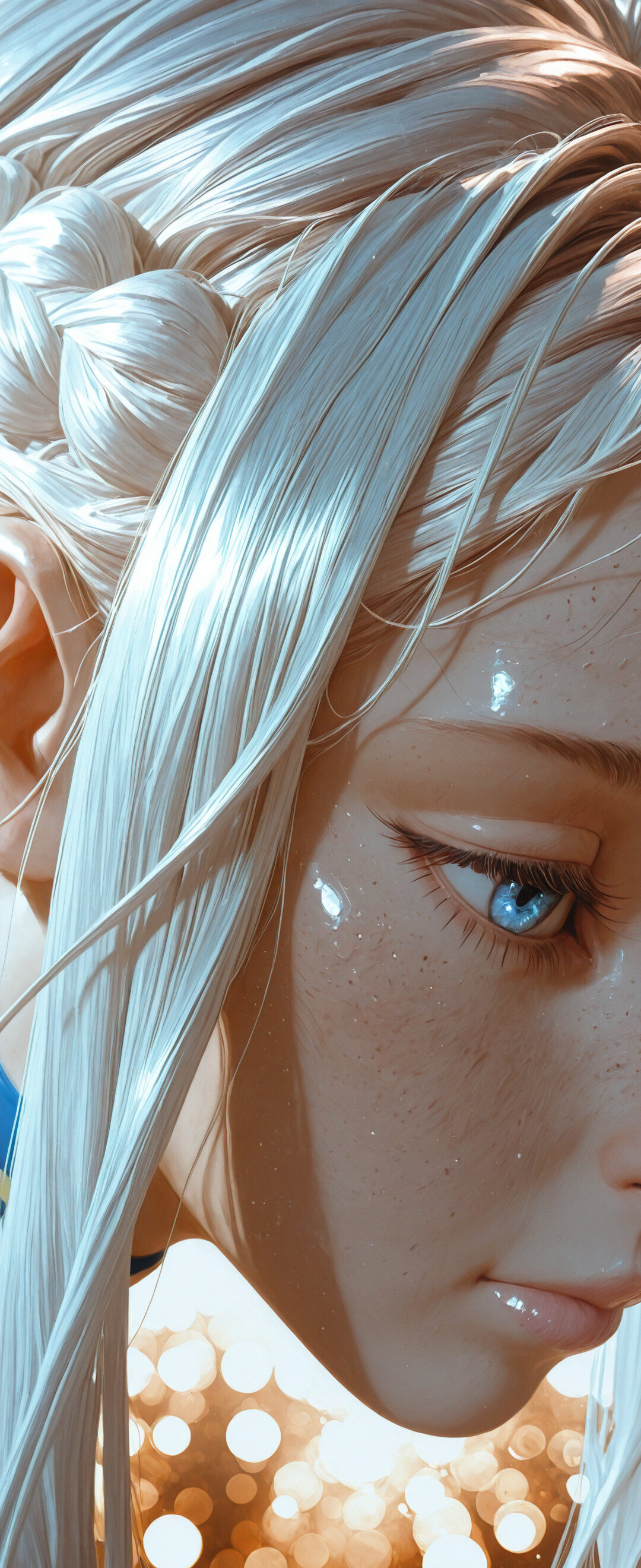 A close-up profile portrait of a young woman with fair skin, freckles, and long platinum blonde hair styled in braids. She wears a silver and blue metallic choker and looks to the side with a serene expression against a background of blue bokeh lights.