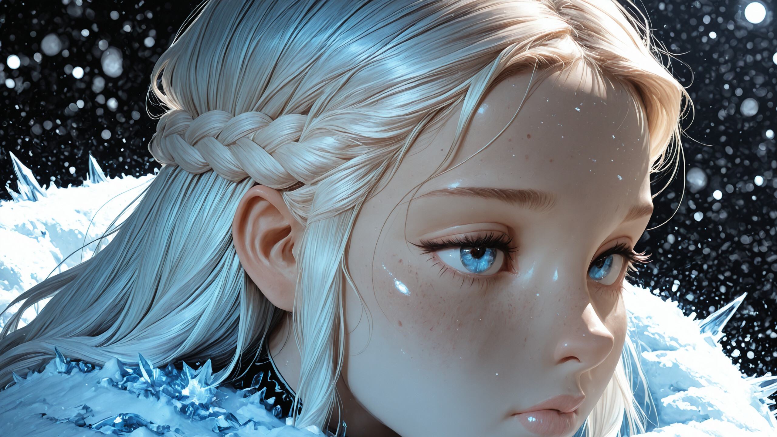 A close-up profile portrait of a young woman with fair skin, freckles, and long platinum blonde hair styled in braids. She wears a silver and blue metallic choker and looks to the side with a serene expression against a background of blue bokeh lights.