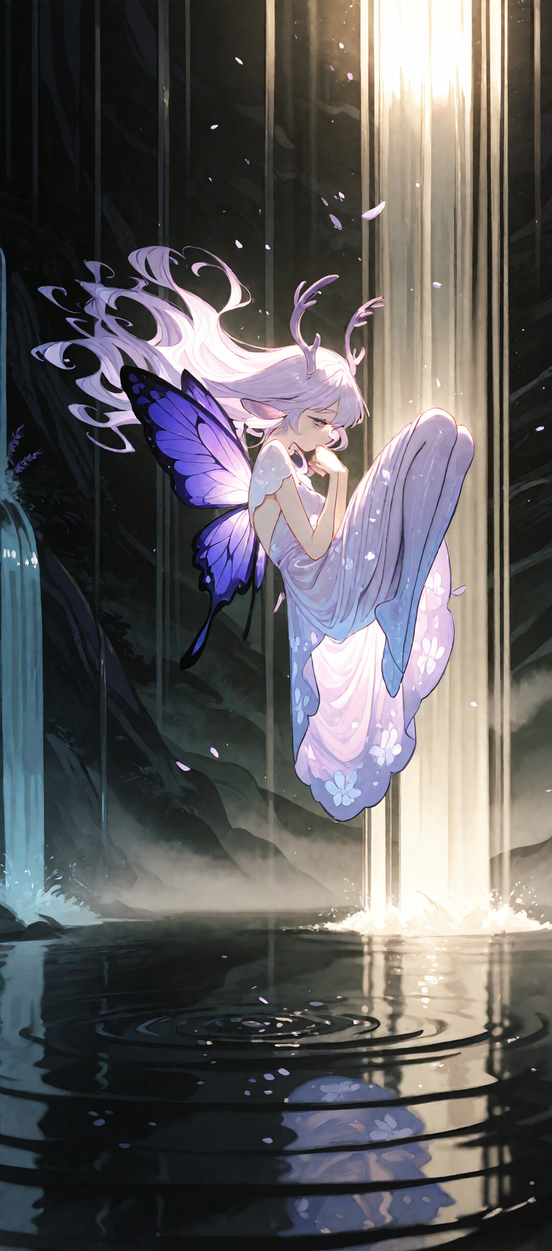 An anime-style illustration of a young fae-like girl with lilac hair, deer antlers, and large purple butterfly wings, floating peacefully in a curled position next to a massive pillar of light over a dark lake with waterfalls in the background.
