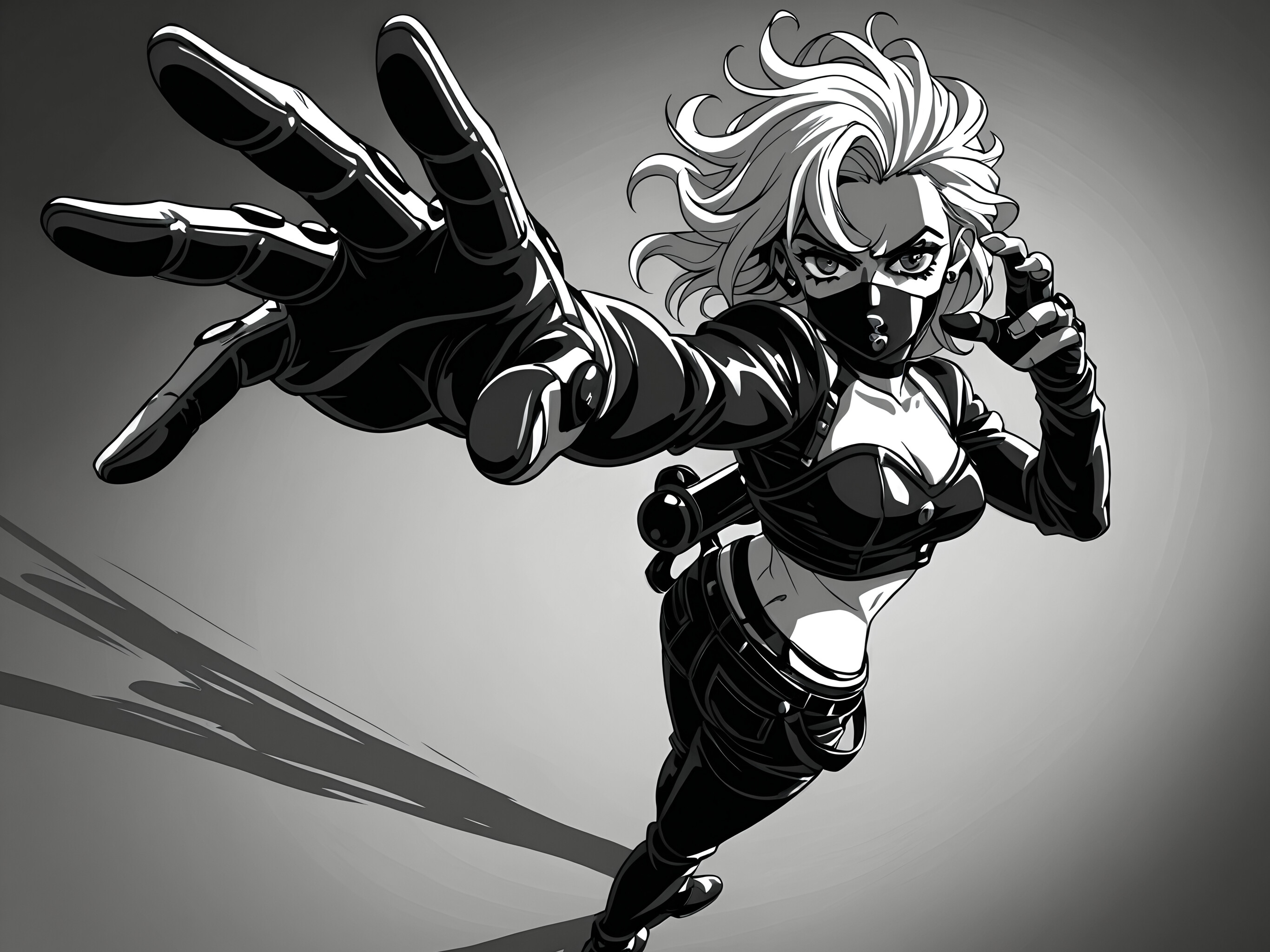 A black and white anime illustration of a woman with dark hair in a tight black leather outfit, striking an exaggerated, dynamic pose against a grey background.