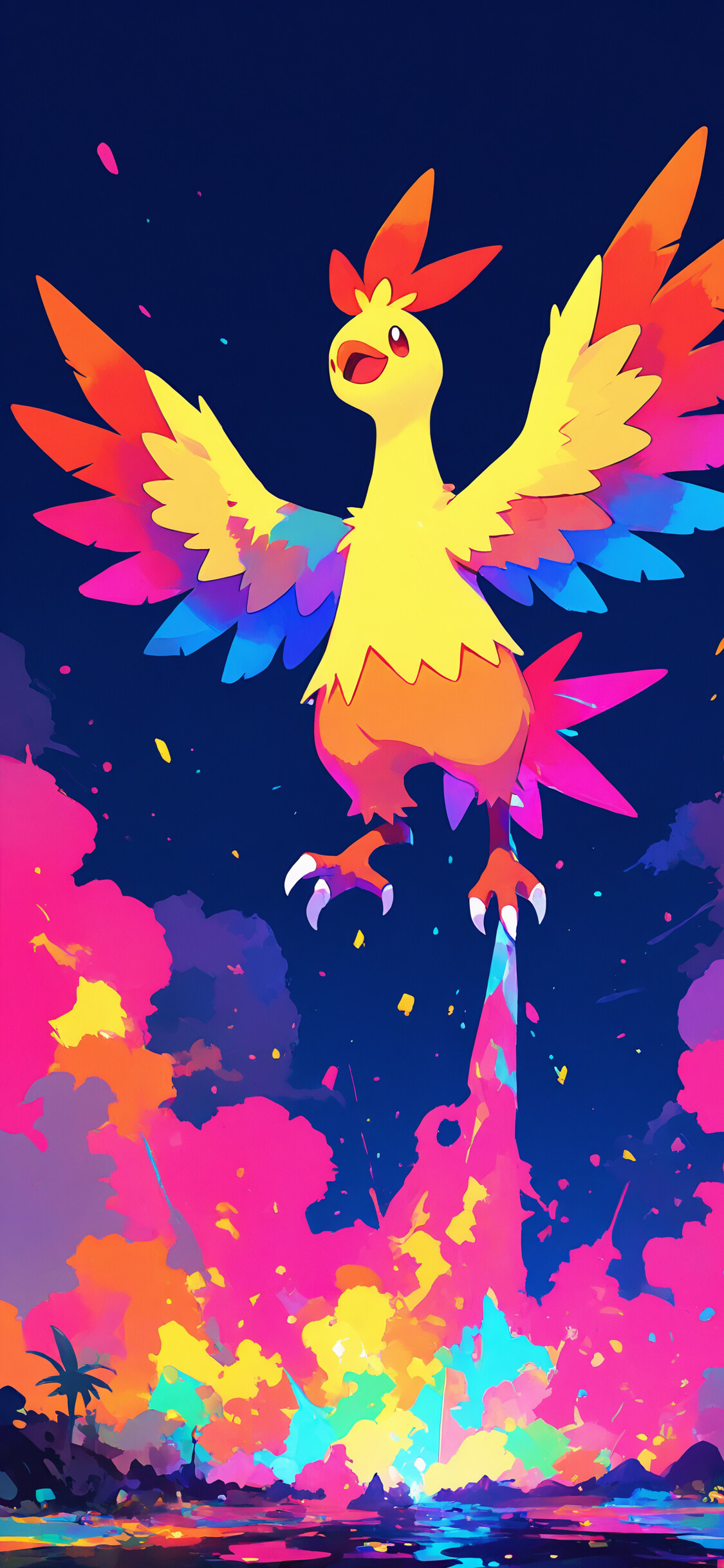 A digital illustration of the Pokémon Combusken standing in a confident pose. Flames erupt from its head crest against a vibrant background of blue, pink, and yellow splashes of color.