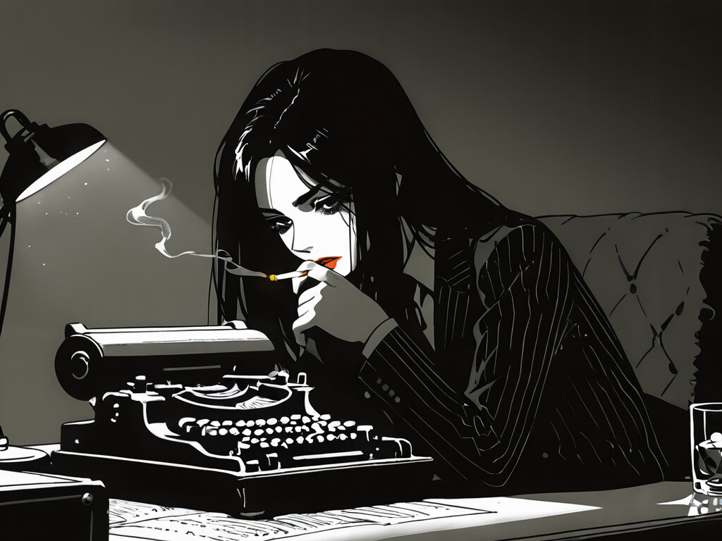 A high-contrast, graphic illustration of a woman in a 1940s pinstripe suit sitting at a desk in a dark room. She is smoking a cigarette, and the scene is lit by a desk lamp, with a vintage typewriter and a glass of whiskey on the desk.