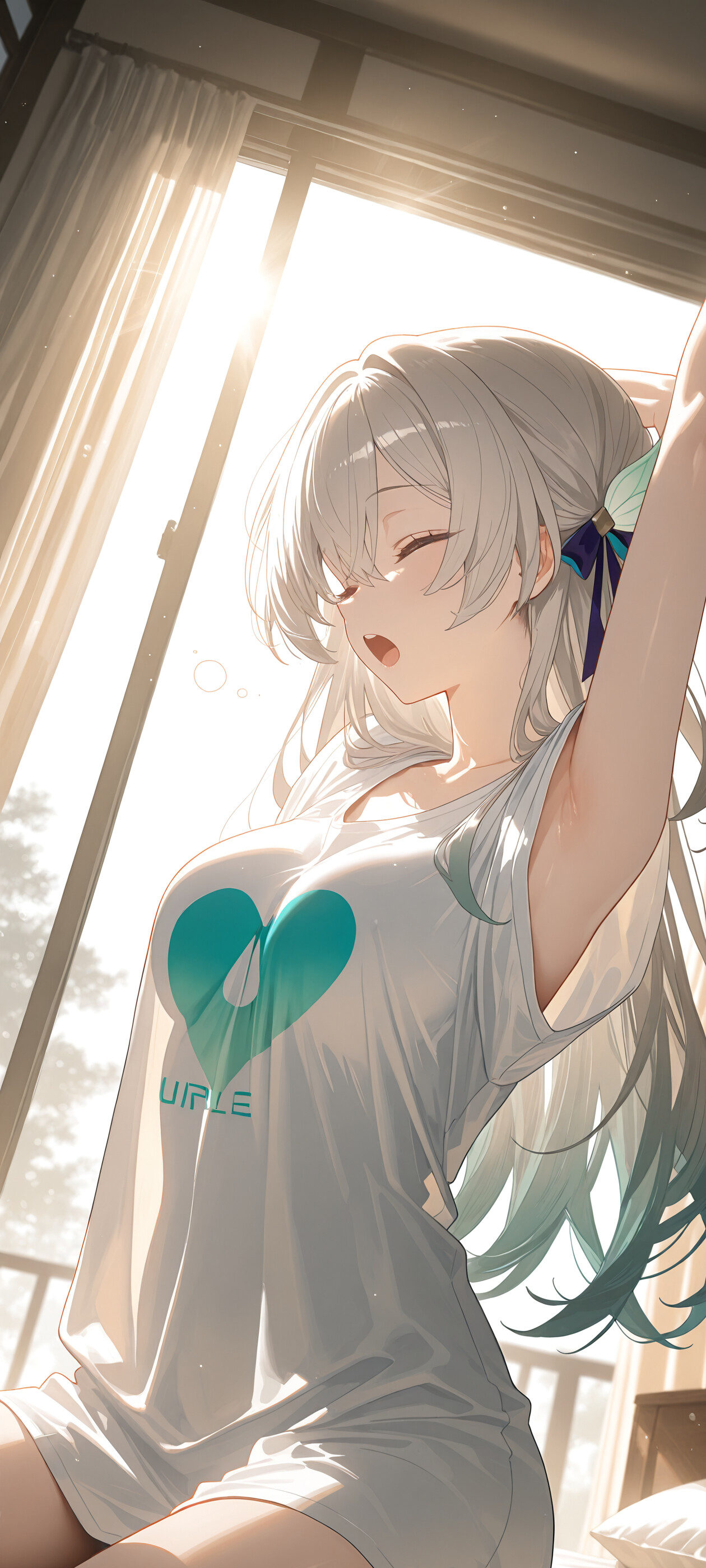 An anime-style illustration of Firefly from Honkai: Star Rail, a young woman with long silver and teal hair, sitting on a bed and stretching with her arms up as she yawns. Sunlight streams in from a window behind her, illuminating her in a bedroom setting. She is wearing an oversized white t-shirt.