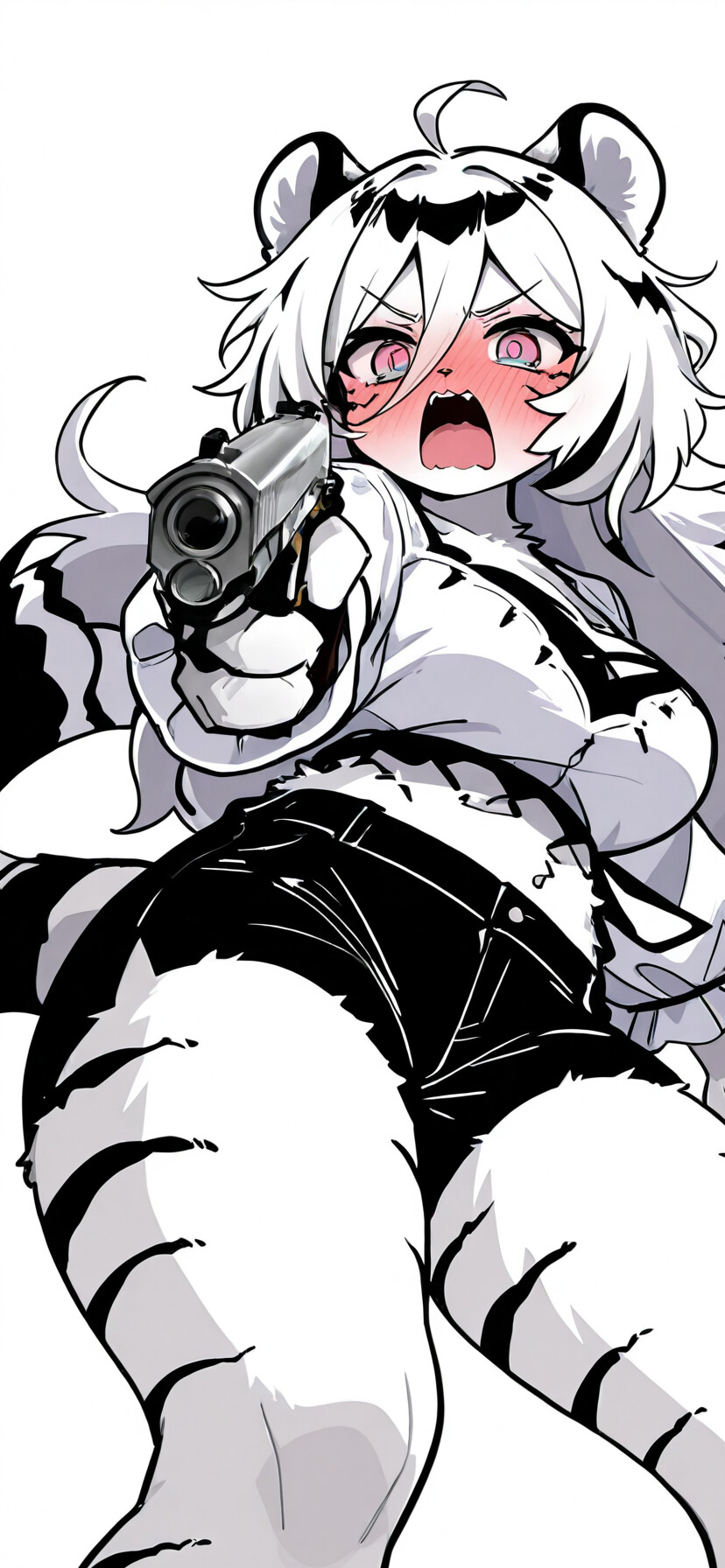 An anime white tiger girl with a flustered, angry expression, blushing deeply as she points a handgun directly at the camera against a white background.
