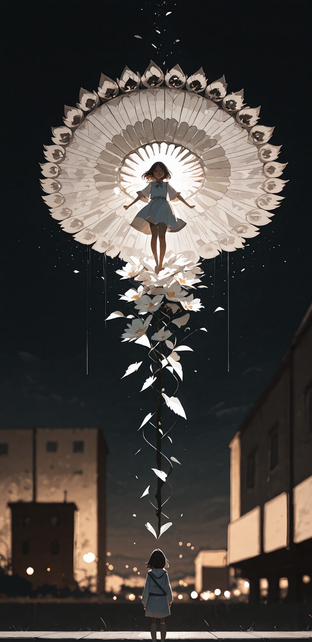 A young girl with short dark hair stands in front of a giant, glowing, shattered dreamcatcher in the night sky, with white paper butterflies falling from it over a dark town below.