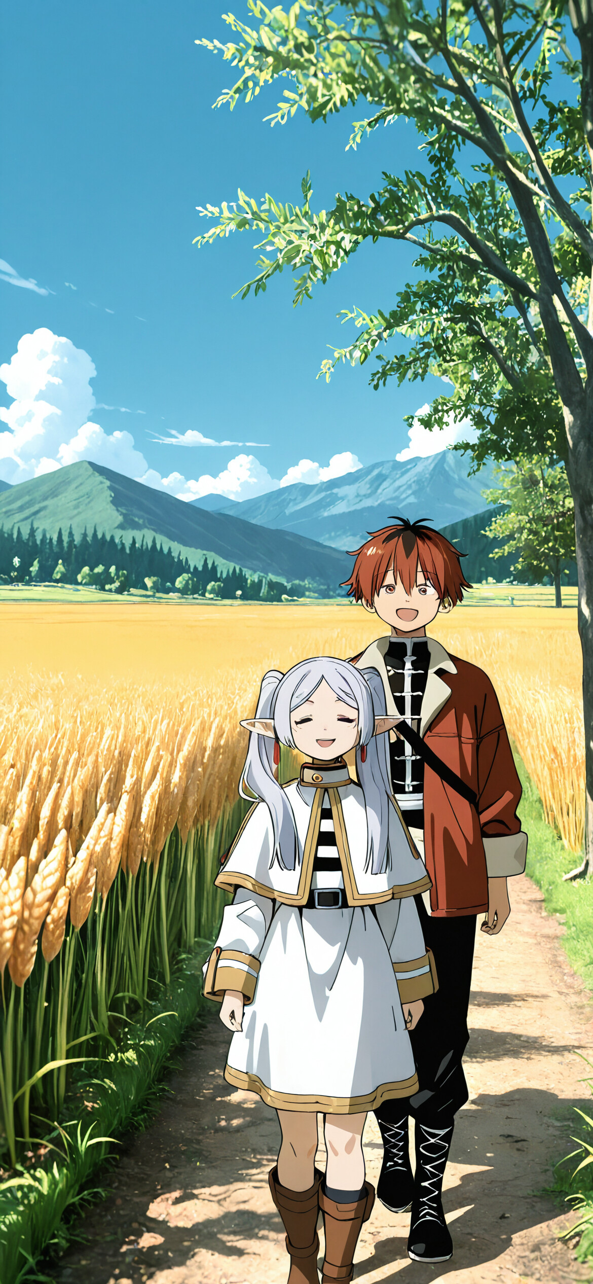 An anime scene showing the elf Frieren with silver pigtails in the foreground and the warrior Stark with red hair in the background, walking on a dirt path through a sunny wheat field towards a mountain range.