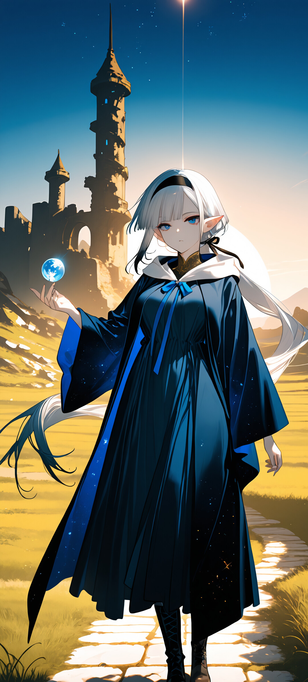 A full-body illustration of the elf mage Frieren walking on a cobblestone path towards the viewer. She has white hair, pointy ears, and blue eyes, and wears a flowing white and blue robe. A small, glowing blue sphere levitates above her outstretched hand. In the background, a golden sunrise illuminates a field of green grass, ancient ruins, and a distant castle spire.