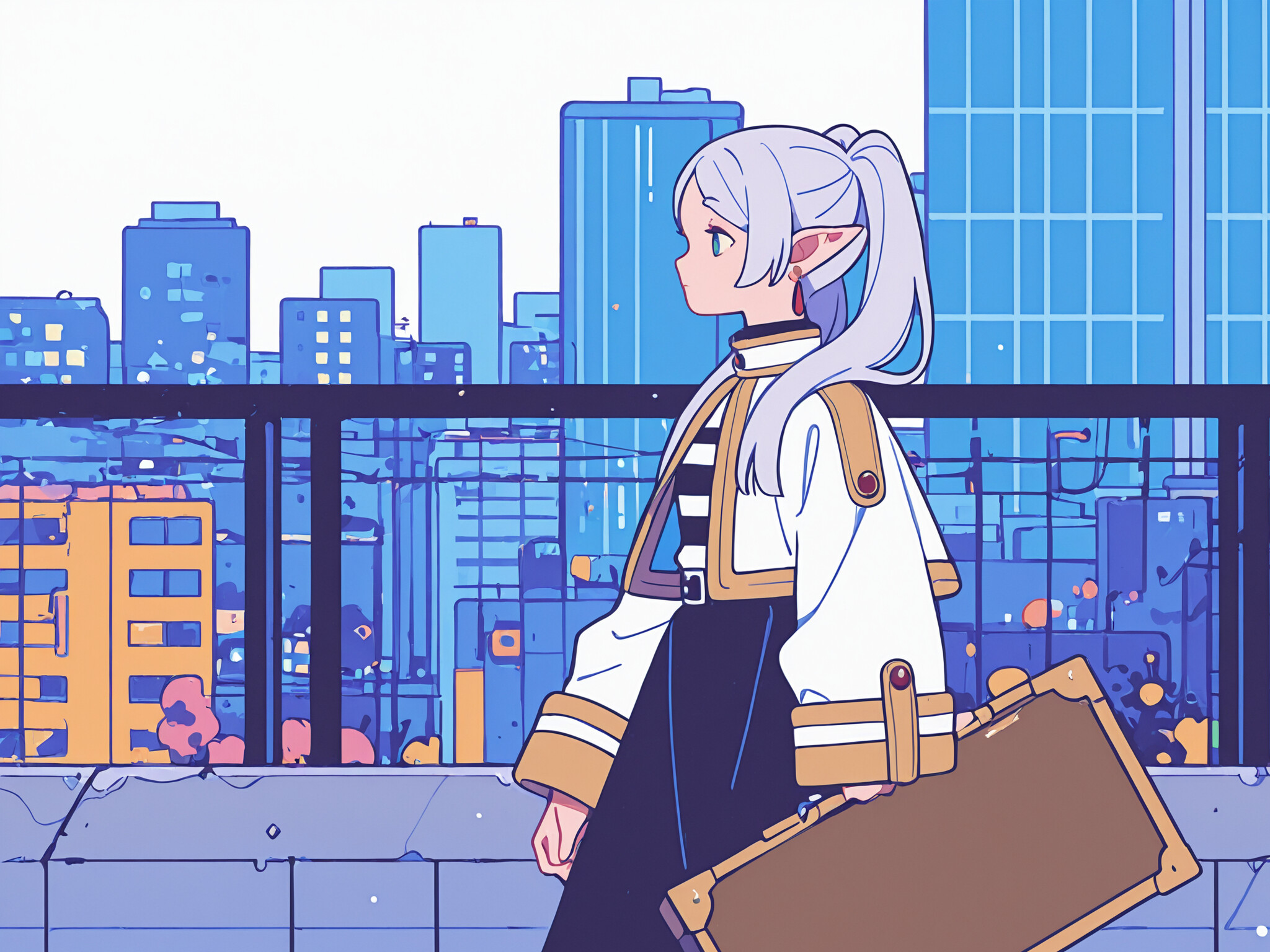 An anime-style illustration of Frieren, an elf girl with long white hair in a ponytail, walking down a modern city street. She is in side view, wearing a white capelet and carrying a brown suitcase. The city buildings are rendered in shades of blue and purple.