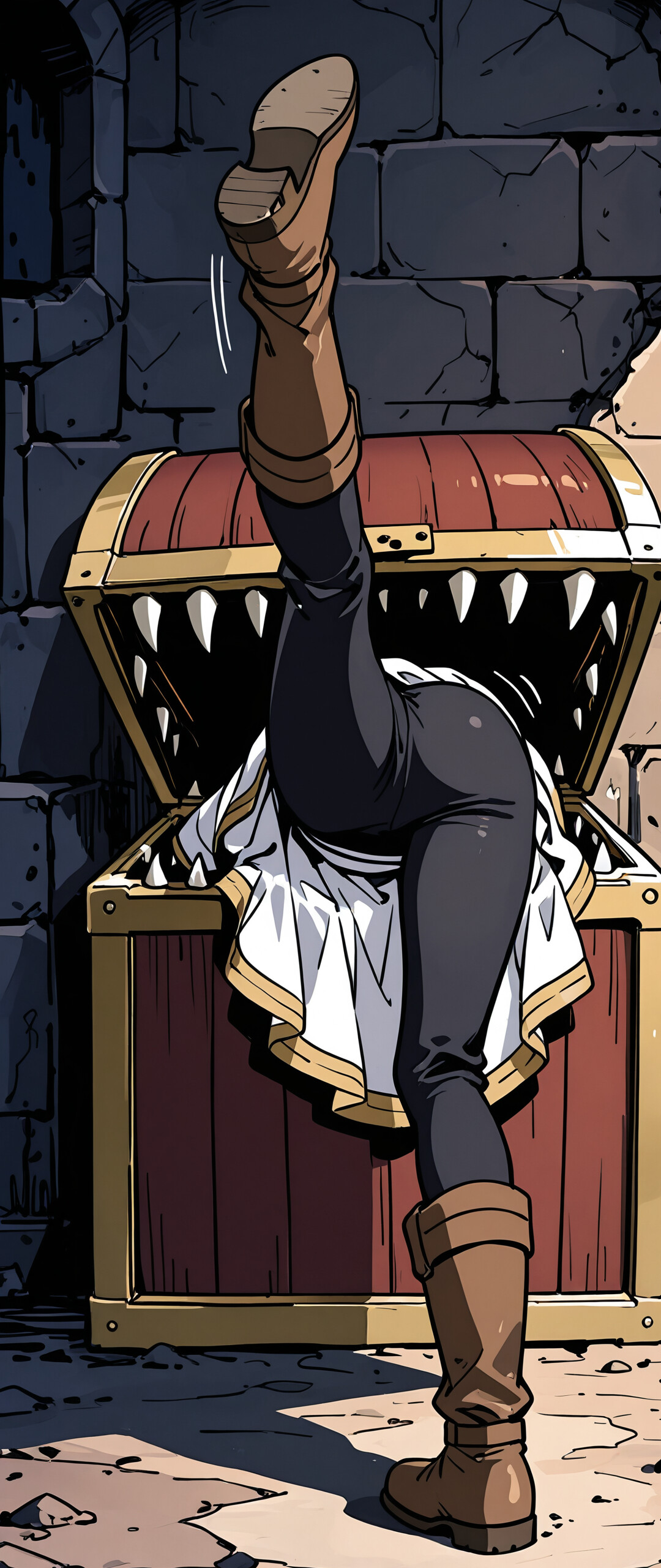 An illustration of the anime character Frieren from behind, stuck halfway inside a treasure chest mimic in a dungeon, with her legs and brown boots dangling out.