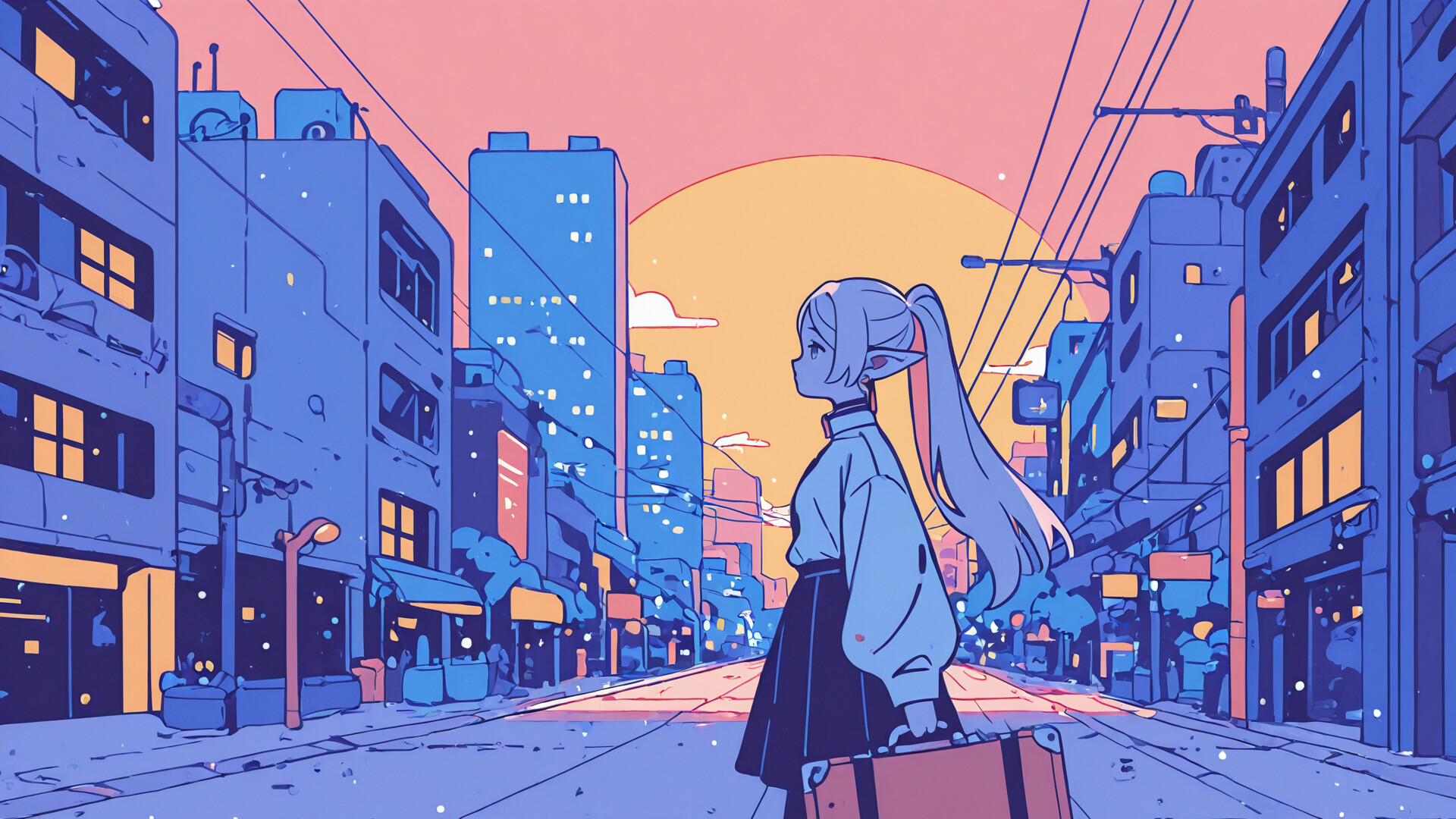 An anime-style illustration of the elf Frieren from 'Frieren: Beyond Journey's End' in a side view, wearing a modern white coat and carrying a suitcase against a modern city skyline at sunset.