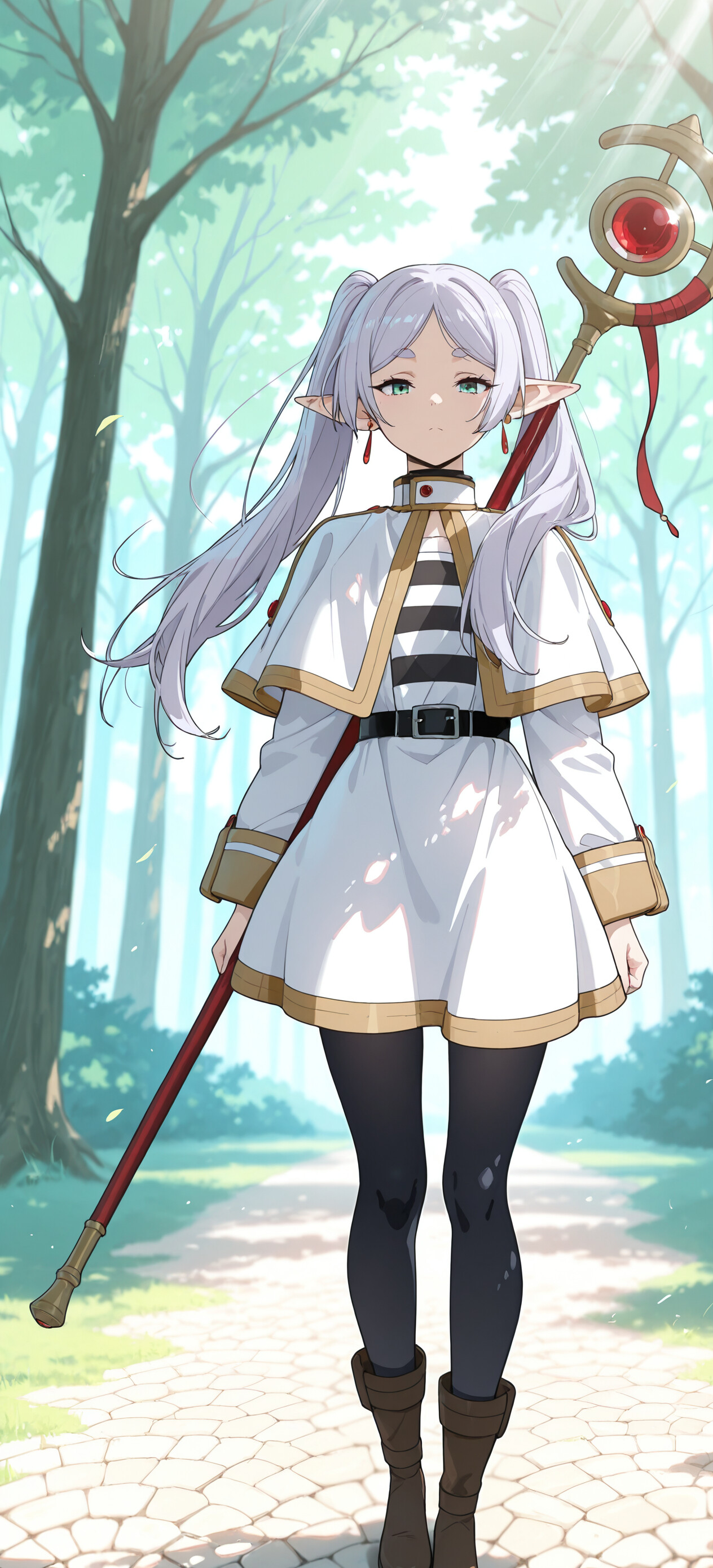 Full-body anime illustration of the elf mage Frieren from 'Frieren: Beyond Journey's End.' She has white hair in twintails and green eyes, walking on a stone path in a cloister while holding a magical staff.