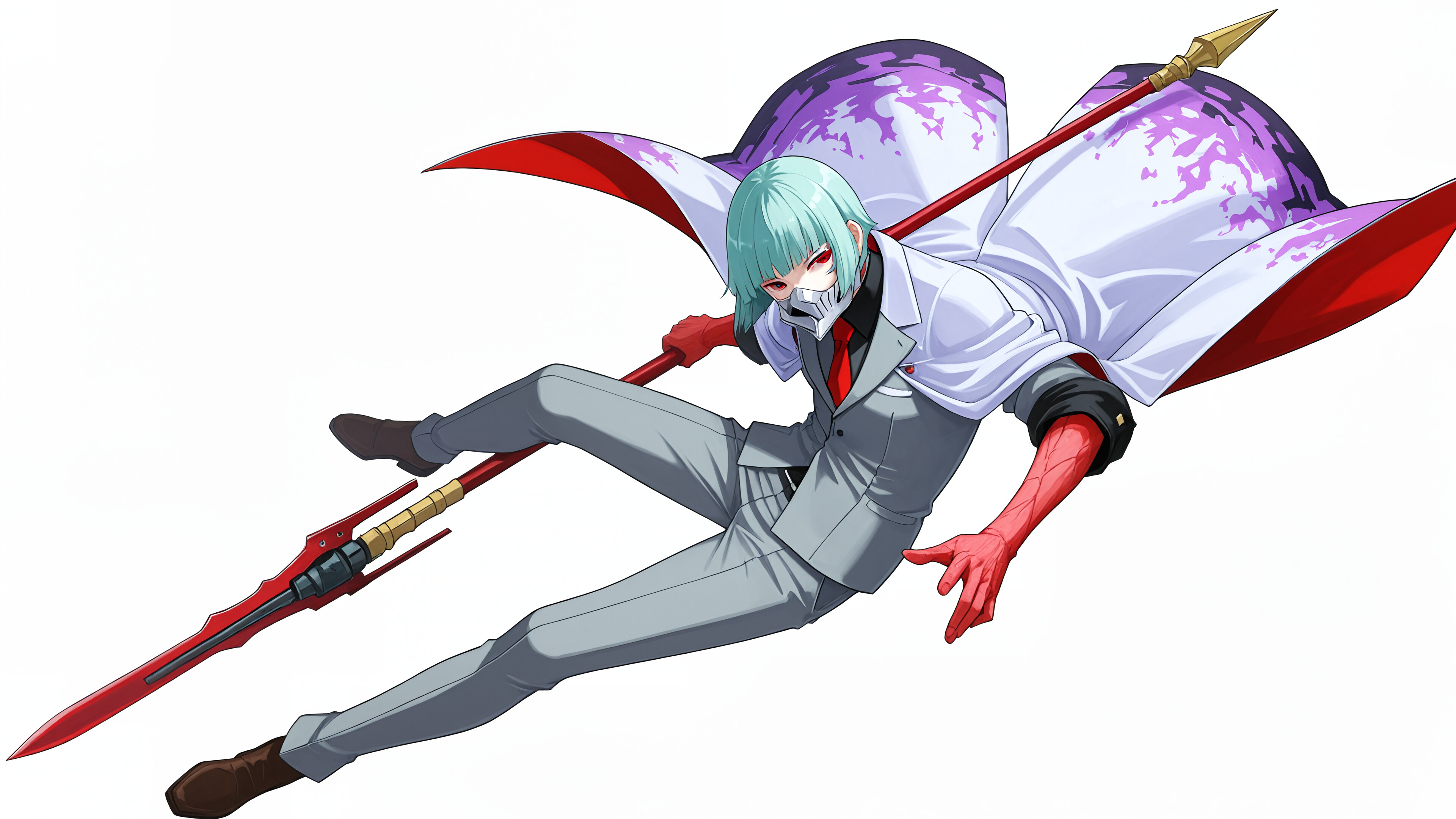 A full-body digital illustration of a male anime character in a white overcoat and grey suit, wearing a purple knight-like helmet with a pink halo, and holding a large red mechanical spear.