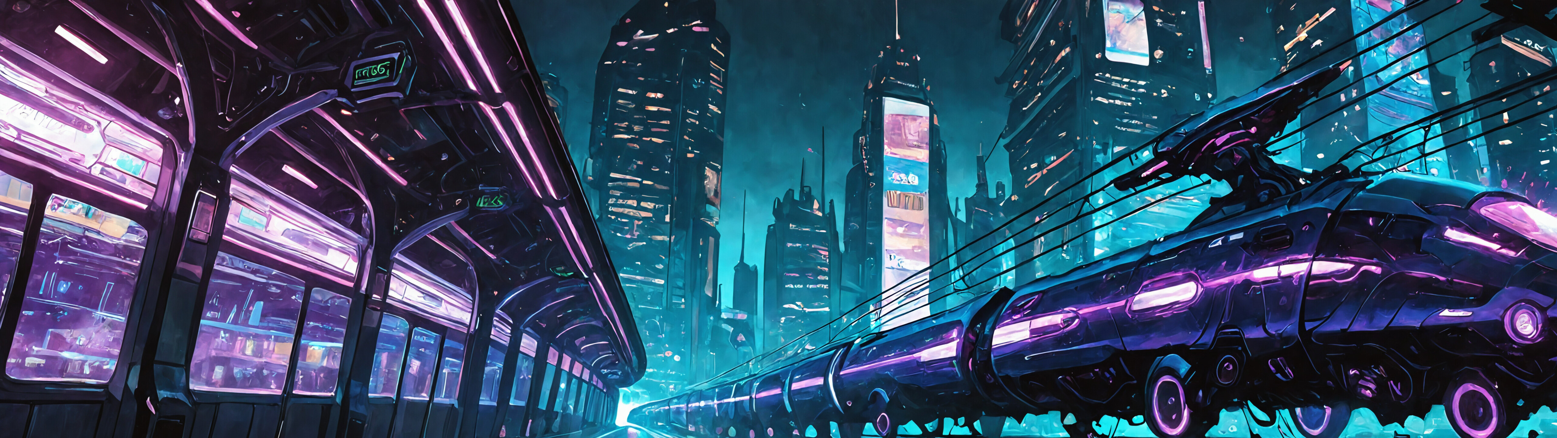 A sleek, futuristic purple and black train with glowing neon lights sits at a high-tech station at night, with a sprawling cyberpunk city skyline in the background.