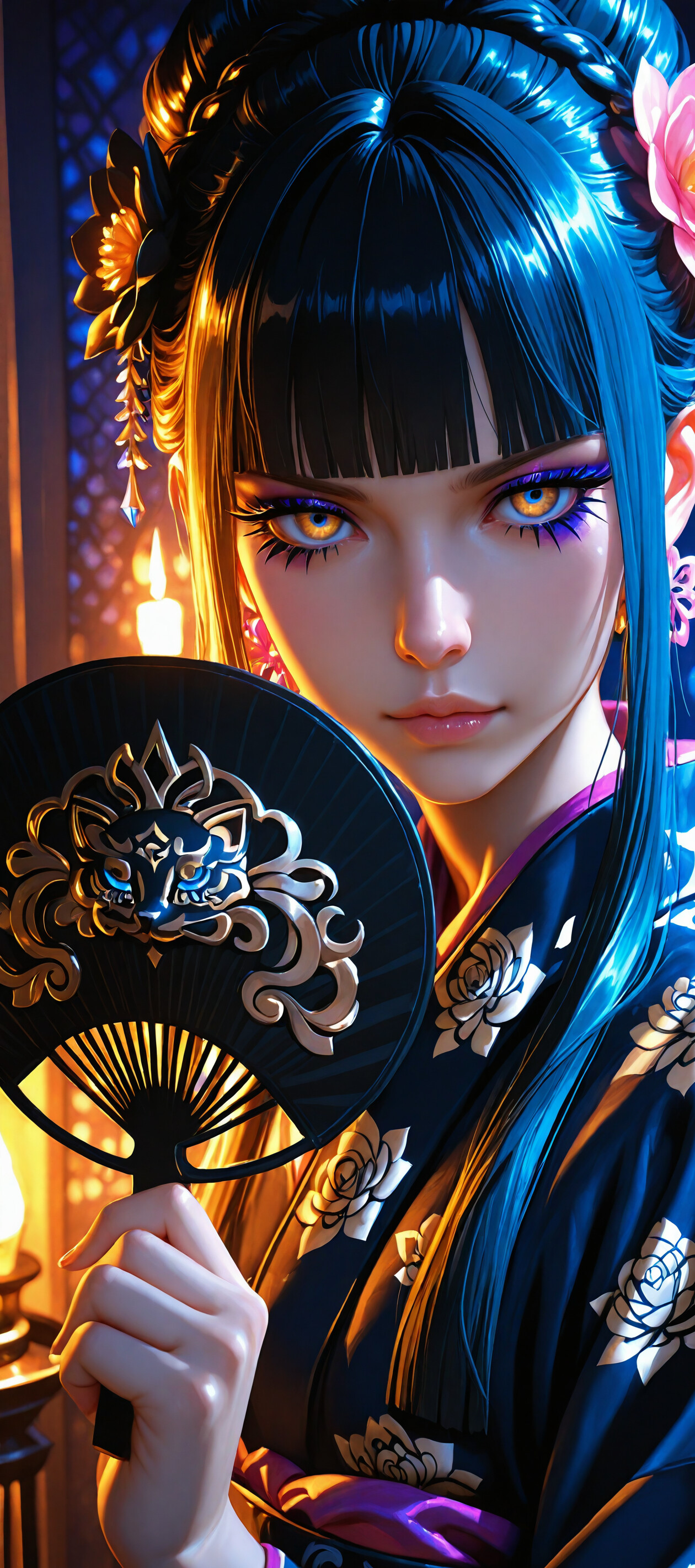 A digital portrait of an anime-style woman in a kimono with a hime haircut, holding a black fan in a candlelit room in front of a glowing blue circular window.