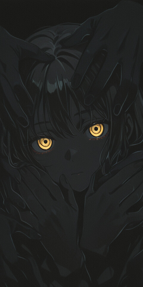 An anime-style close-up of Kurumi Tokisaki from Date A Live, her face framed by numerous dark, shadowy hands. Her glowing yellow clockwork eye is prominently featured against a black background.