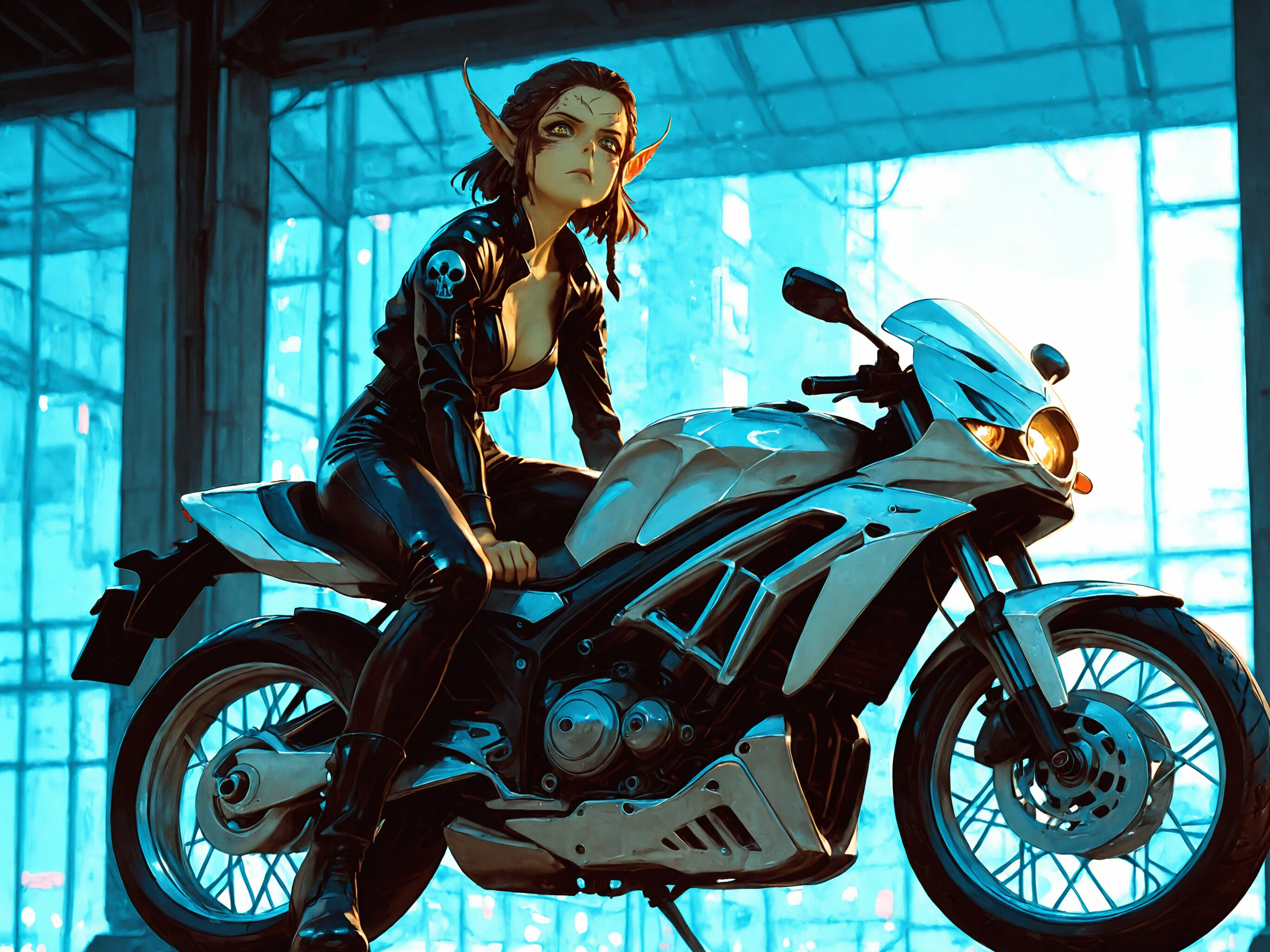 A full-body digital illustration of Lae'zel, a green-skinned Githyanki woman with pointy ears from Baldur's Gate 3, sitting on a futuristic white motorcycle. She is wearing a tight black leather biker suit and a helmet with goggles.