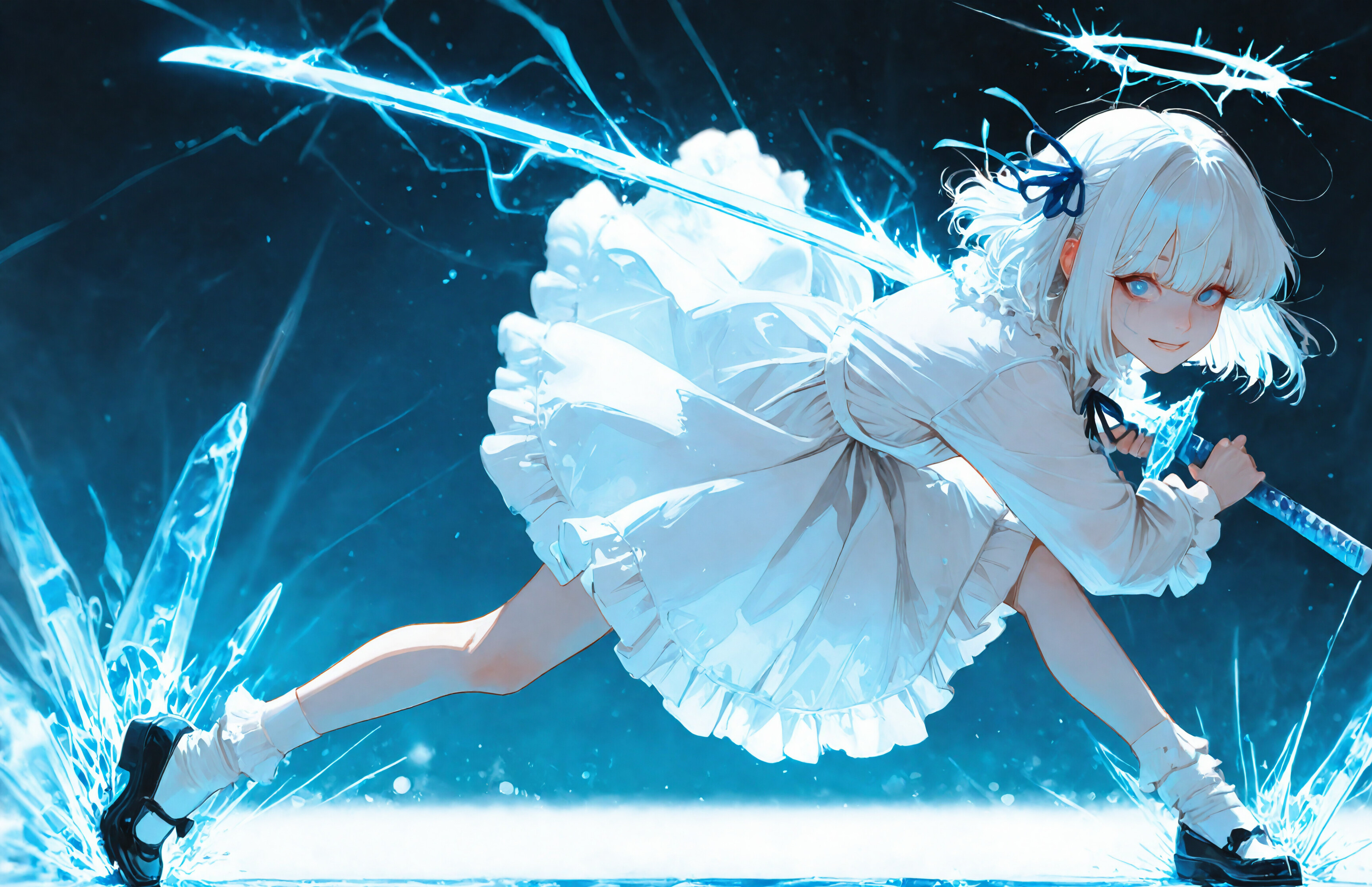 A full-body illustration of a young anime girl with white hair and a white frilly dress. She holds a glowing blue ice katana and smiles at the viewer, standing on a cracked ice surface in front of a bright circular light.