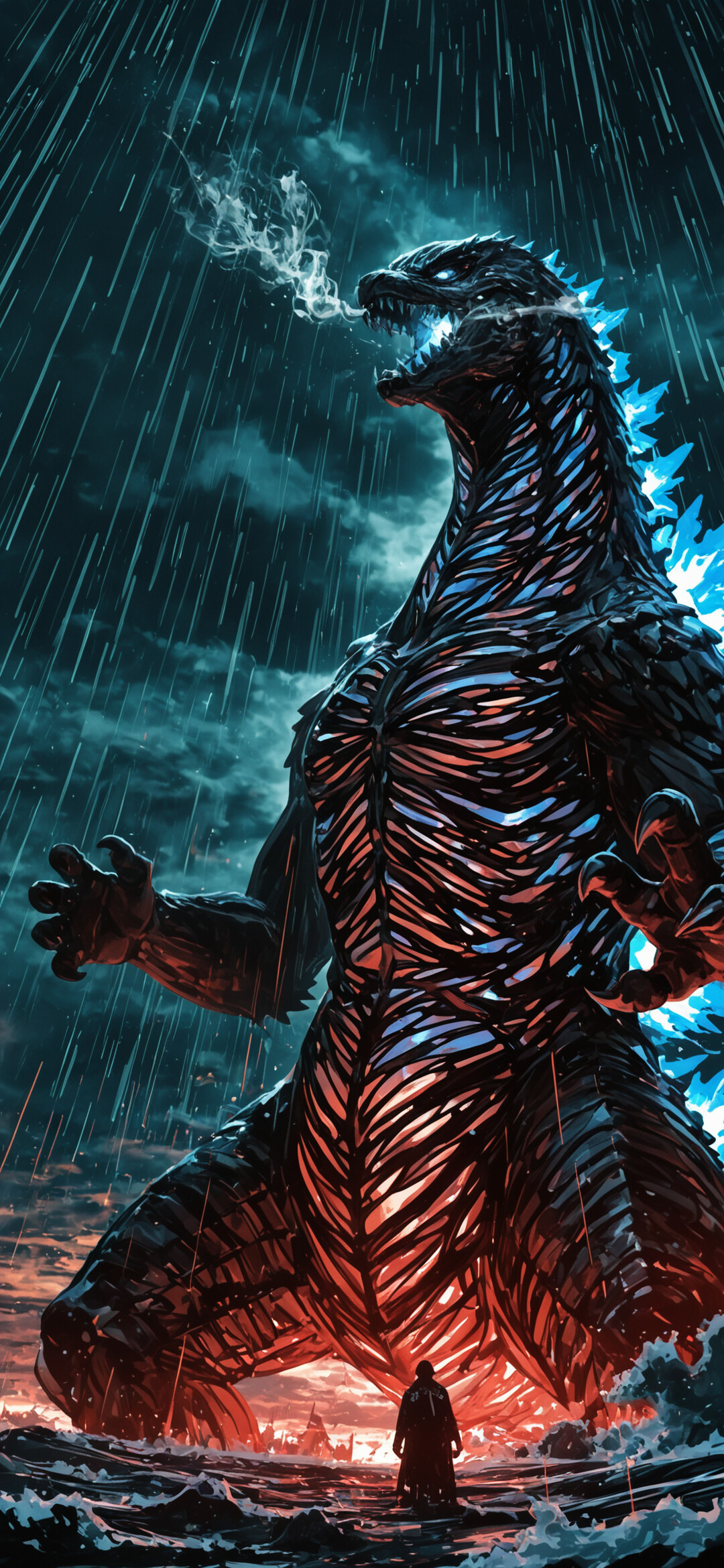 A powerful illustration of Godzilla standing in a stormy ocean at night. His dorsal fins glow a bright, crystalline blue, and orange energy lines his dark body as rain pours down.