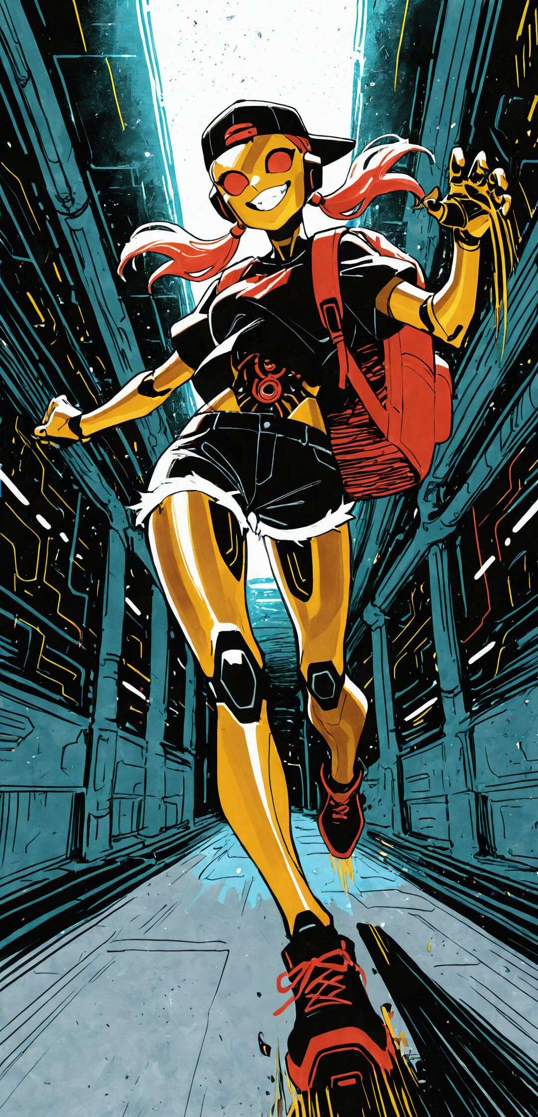 A full-body illustration of a smiling golden female robot running towards the viewer. She wears a black crop top, shorts, a backward cap, and a large red backpack in a futuristic, neon-lit hallway.