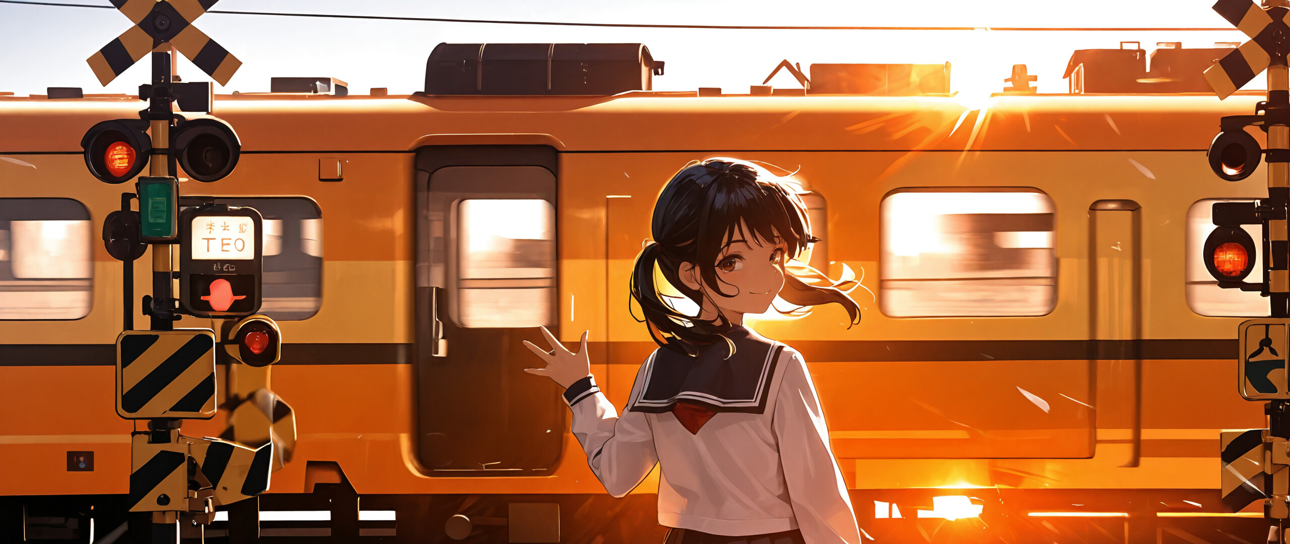 An anime-style illustration of a schoolgirl in a sailor uniform with black pigtails, seen from behind, waving at an orange train at a railroad crossing under a setting sun.