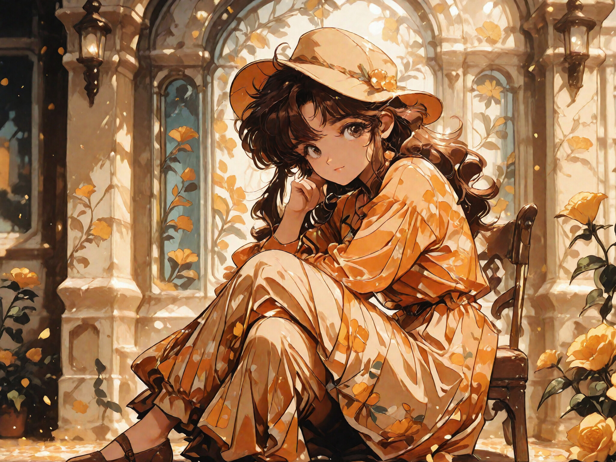 A full-body portrait of an anime-style young woman with long brown hair and a yellow hat, sitting on a wooden chair. She is wearing a long orange-yellow floral dress and smiling gently in a sunlit garden with yellow roses.