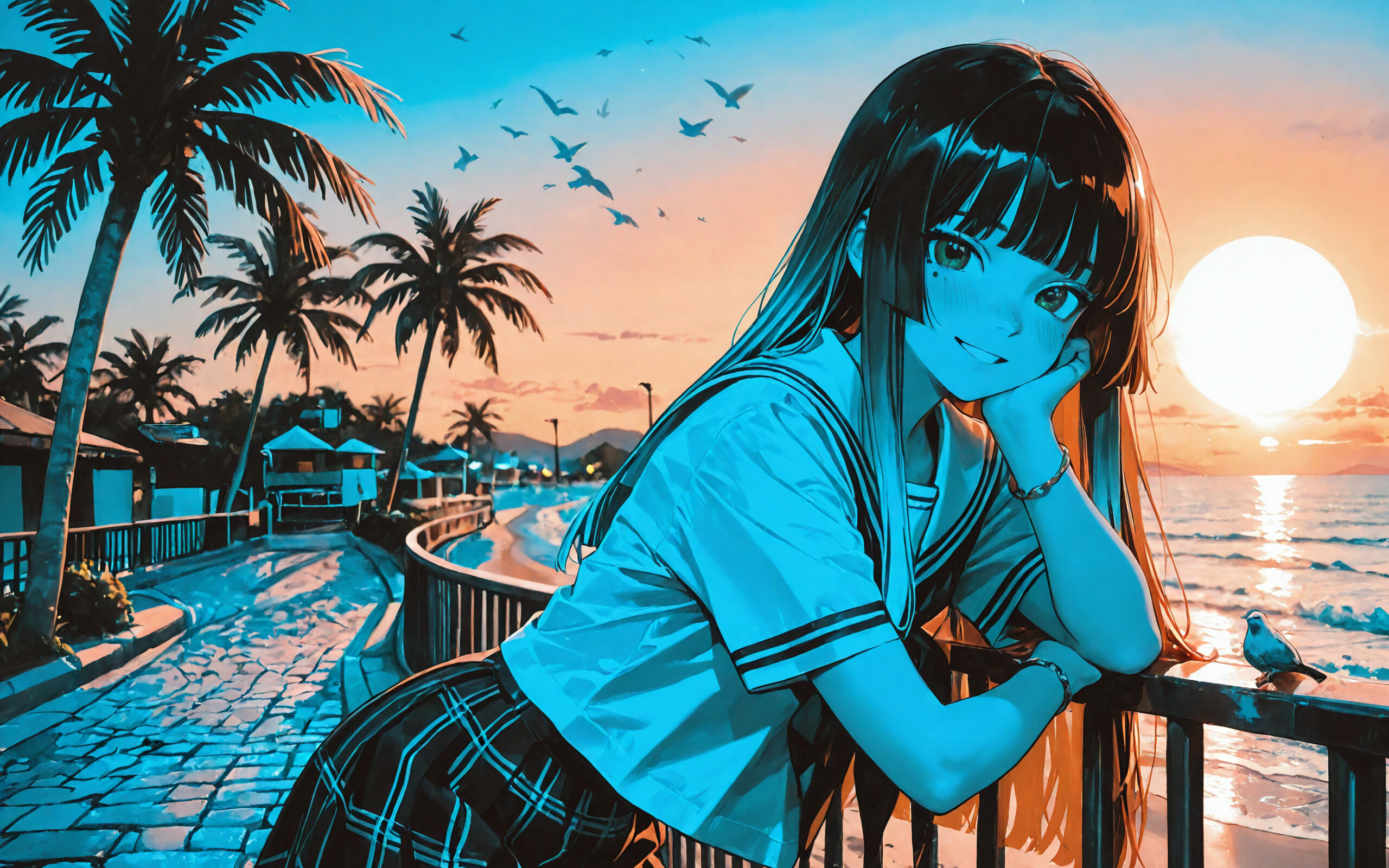 An anime-style girl with long blue hair and green eyes, wearing a sailor school uniform, leans on a railing and smiles. The background is a beautiful beach scene with a setting sun, palm trees, and birds flying in the sky.