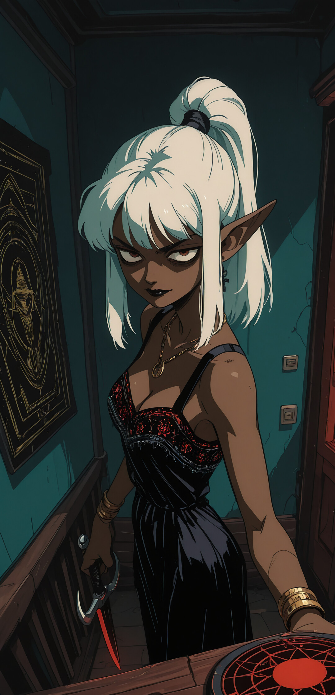 An illustration of a dark-skinned elf with white hair in a ponytail, smirking menacingly as she walks down a dark, haunted hallway holding a dagger.