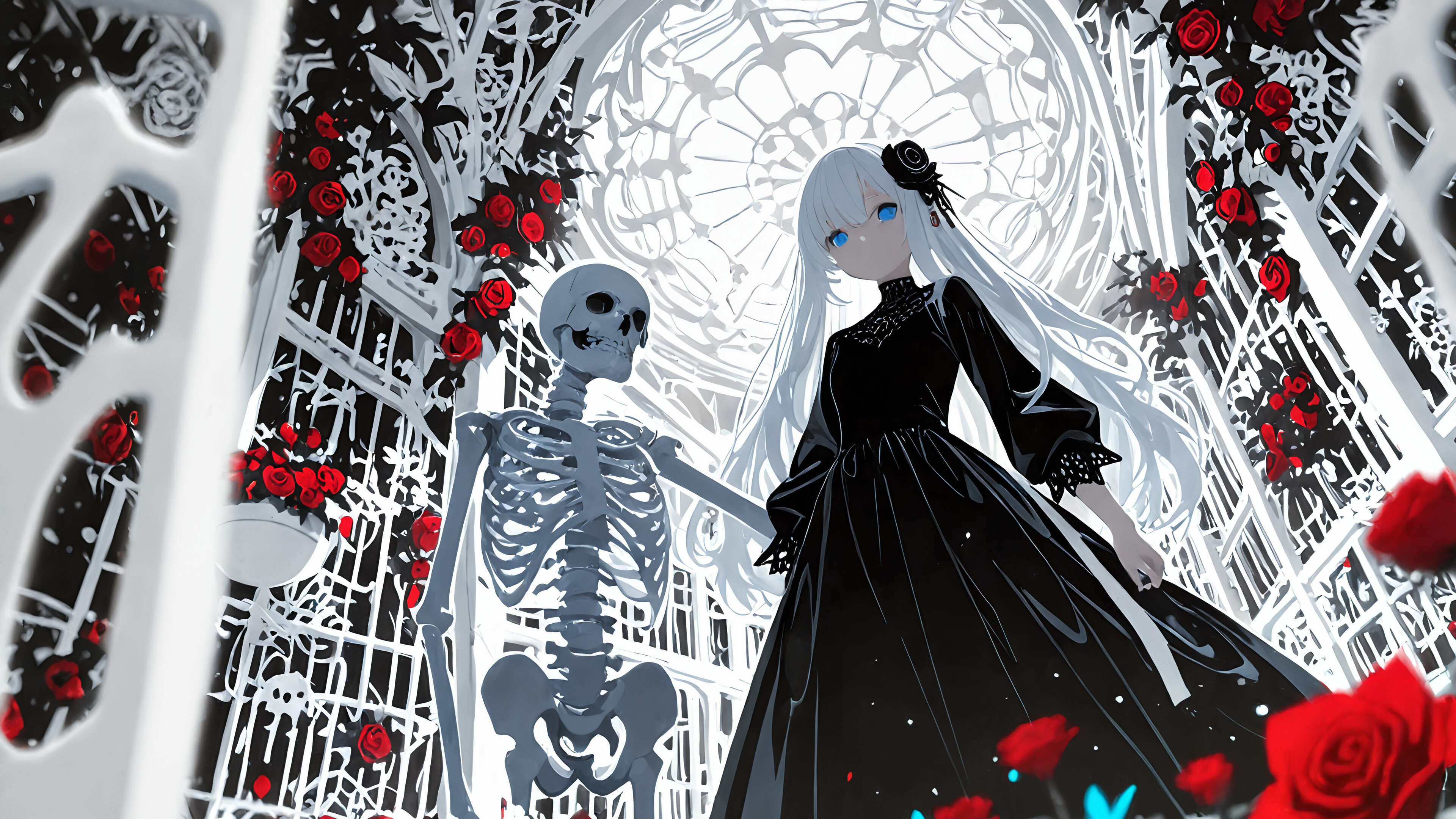 An anime girl with long white hair and blue eyes wears a black gothic dress, standing among white skeletons, skulls, and red roses against a dark background with butterflies.