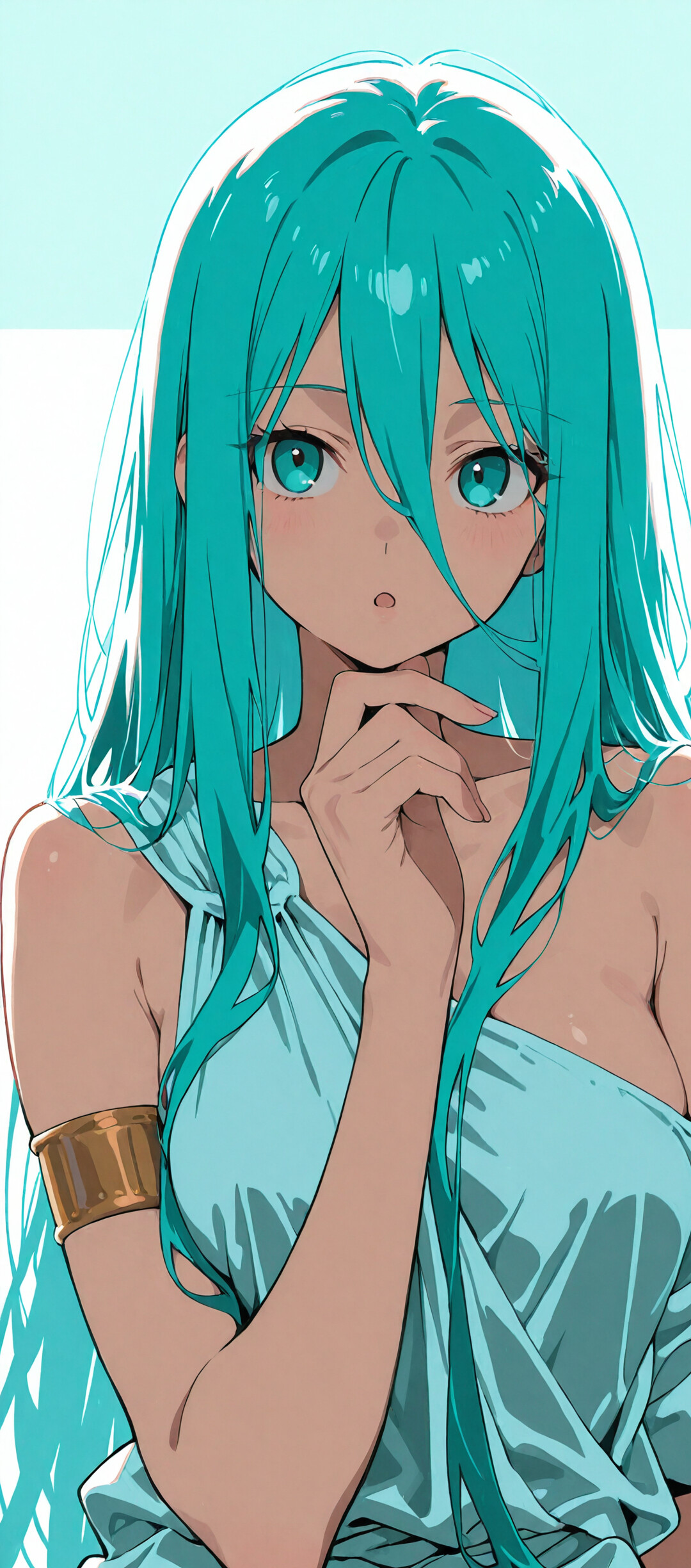 An anime girl with long aqua hair and eyes, wearing a white toga and a gold armlet, looks at the viewer with a curious expression, her hand resting on her chin.