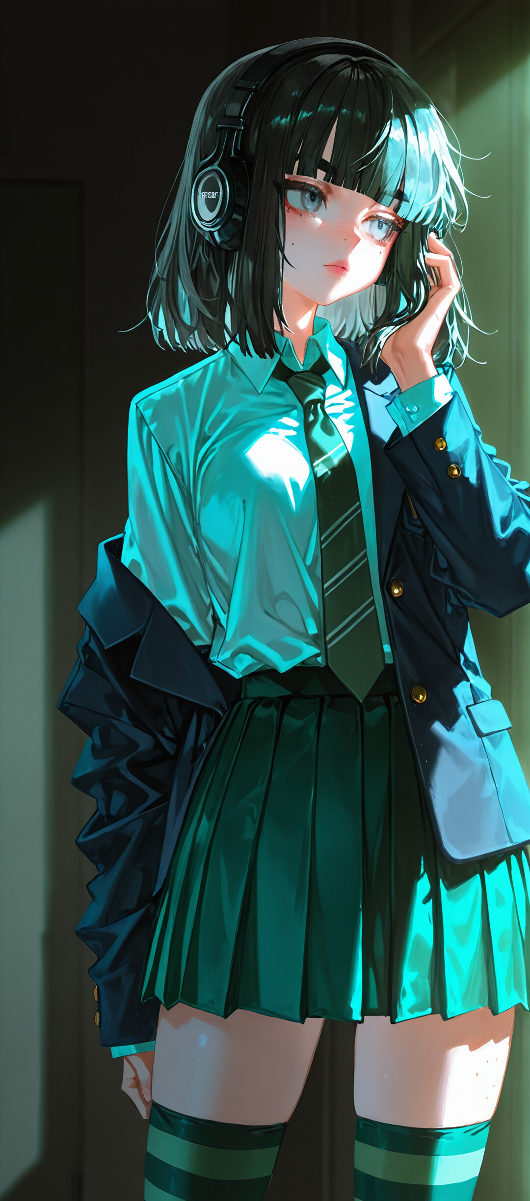 An anime girl with short black hair and grey eyes wearing a green school uniform and black headphones. She stands in a dimly lit room under a green light, holding one side of her headphones and looking away with a thoughtful expression.