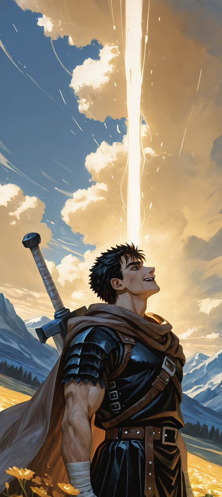 A portrait of Guts from the manga Berserk, smiling peacefully as he looks up at a blue sky with fluffy clouds. He is standing in a field of yellow flowers with mountains in the background, wearing his armor and a brown cape.