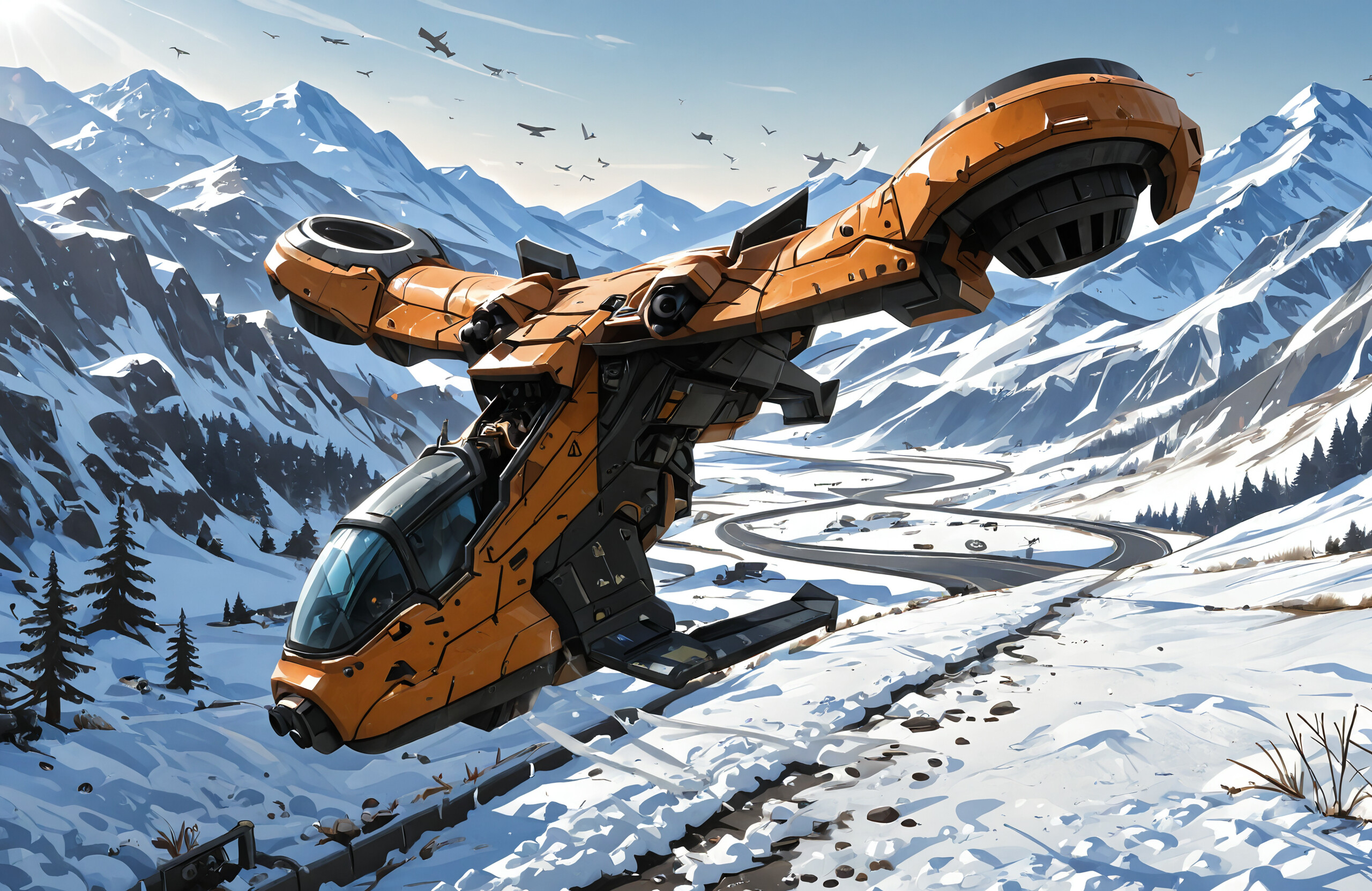 A futuristic AV-14 Hornet gunship from the Halo series flies low over a snow-covered mountain valley where soldiers are engaged in combat near a small outpost.