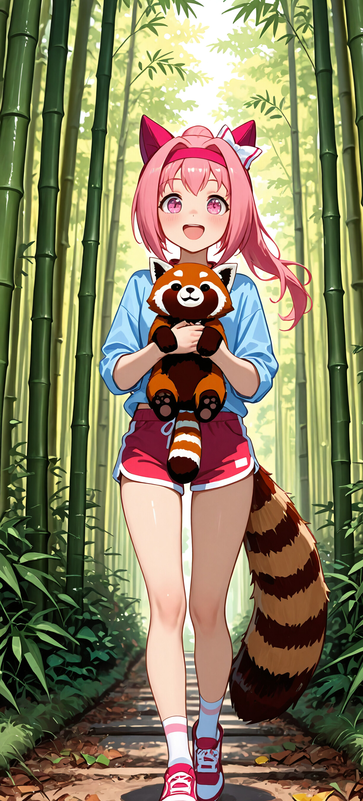 An anime-style illustration of Haru Urara from Uma Musume, a girl with pink hair and ears, wearing red shorts and standing in a bamboo forest while holding a cute, smiling red panda.