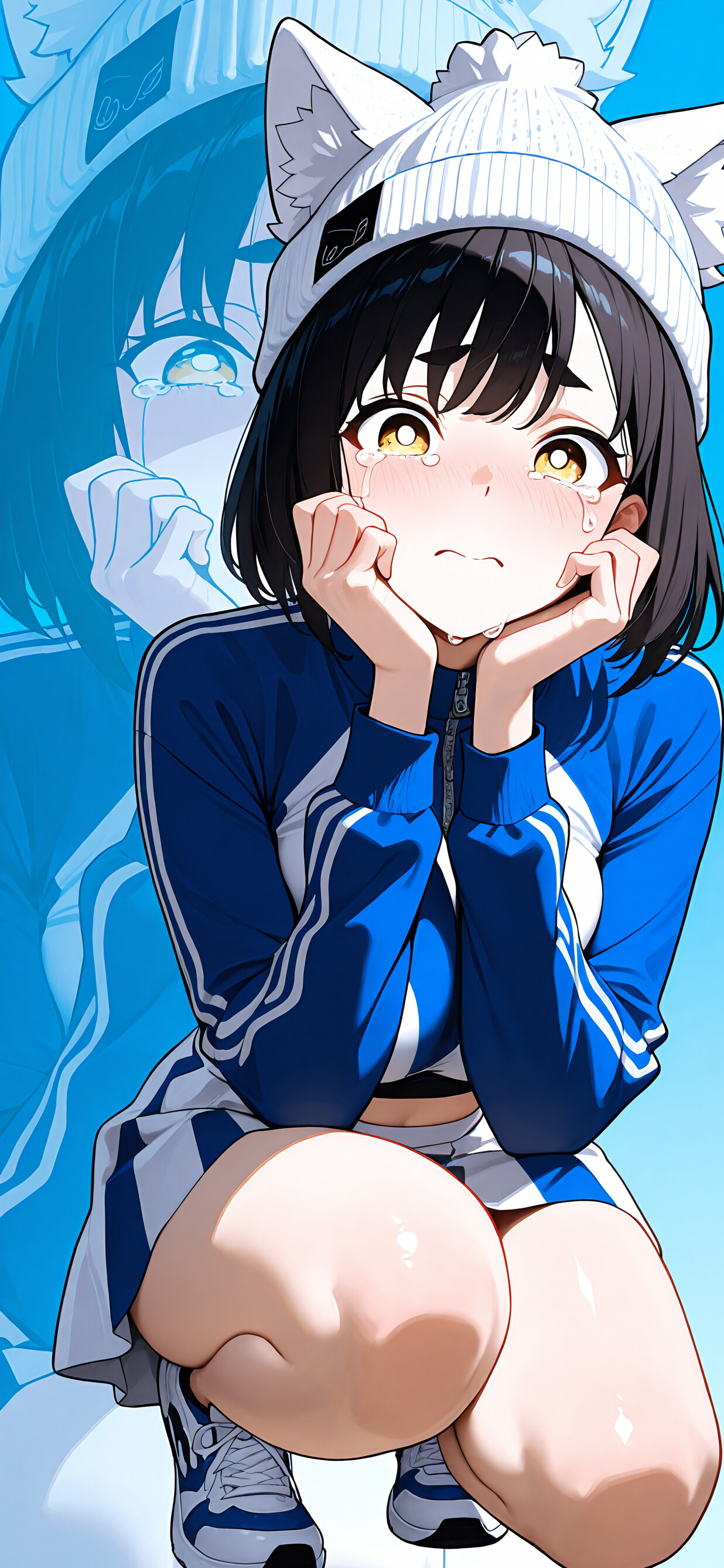 A full-body illustration of a crying anime girl with short dark hair and yellow eyes. She wears a blue cat ear beanie, a blue crop top jersey, and a blue skirt while crouching with her hands on her face. A larger, crying close-up of her face is in the background.