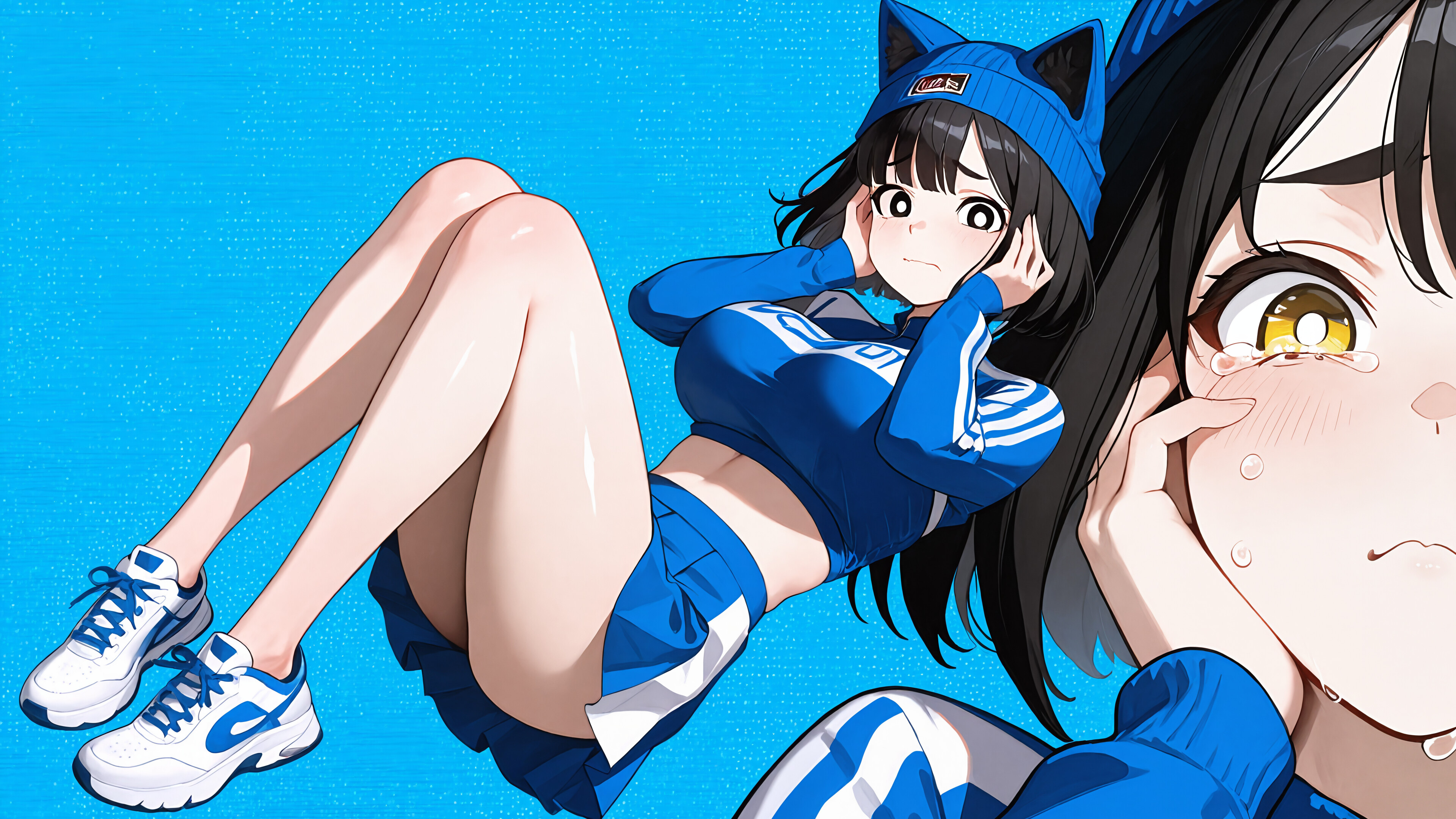 A full-body illustration of a crying anime girl with short dark hair and yellow eyes. She wears a blue cat ear beanie, a blue crop top jersey, and a blue skirt while crouching with her hands on her face. A larger, crying close-up of her face is in the background.