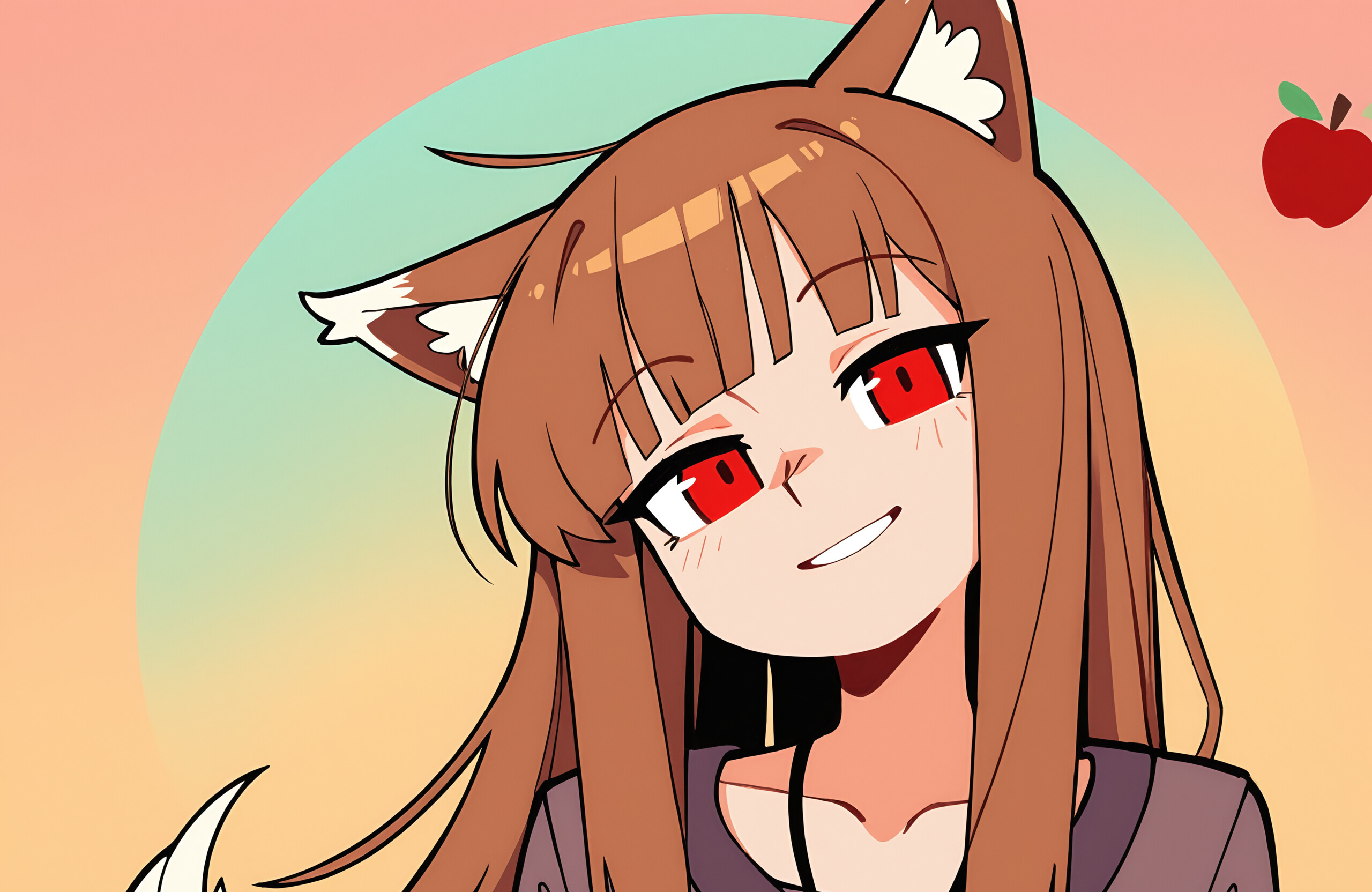 A digital illustration of Holo from Spice and Wolf, an anime girl with long brown hair, red eyes, and wolf ears. She is smiling cheerfully, wearing a black tunic and a small pouch necklace, with a red apple floating next to her against an orange gradient background.