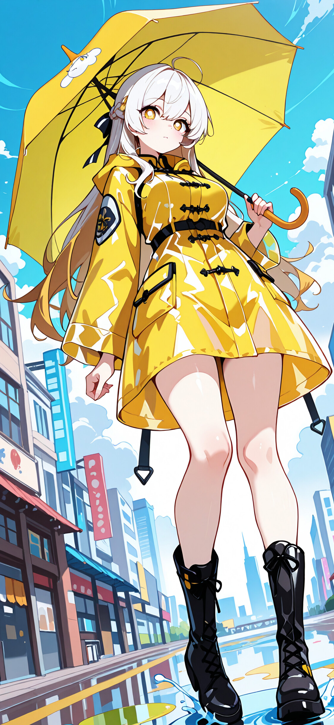 An anime-style illustration of Stelle, the female Trailblazer from Honkai: Star Rail, standing on a wet city street. She wears a yellow raincoat and holds a turquoise umbrella, looking down at the viewer with golden eyes.