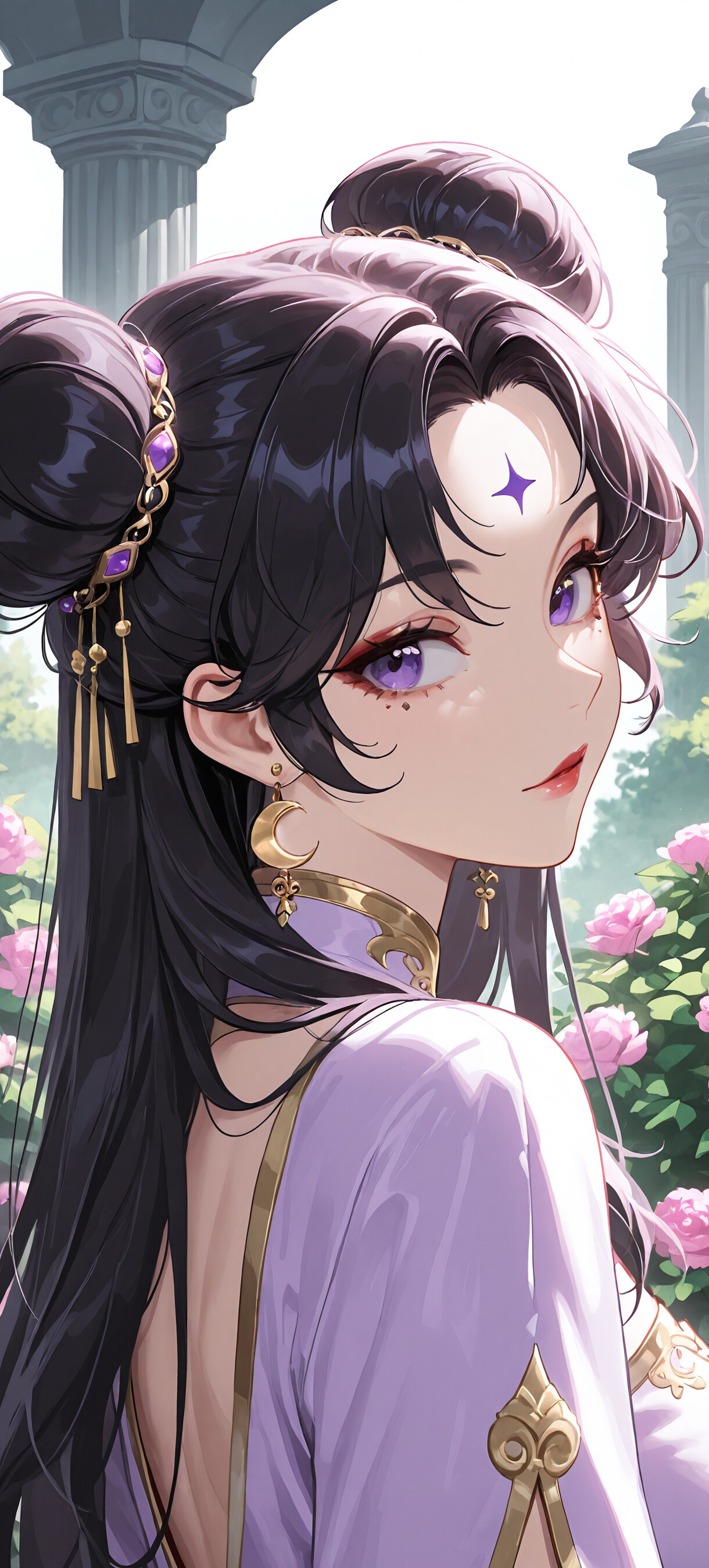 An anime-style illustration of Human Luna from Sailor Moon looking back over her shoulder. She has dark purple hair in double buns with a crescent moon mark on her forehead, purple eyes, and wears an elegant white dress and gold jewelry in a beautiful garden with classical pillars.