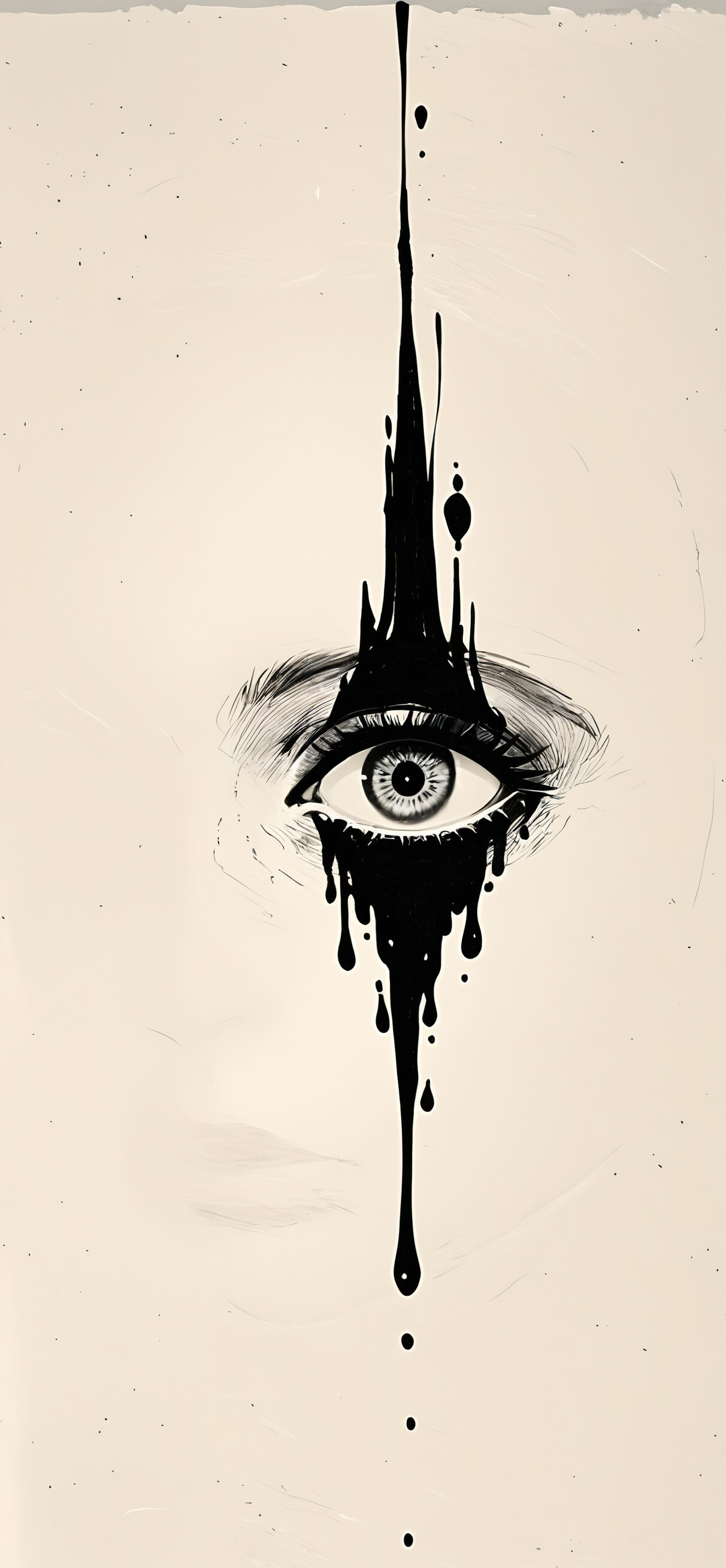 A minimalist black ink illustration of a single, stylized eye on an off-white background. The eye is crying thick black tears that morph into a dripping, skeletal, claw-like structure below.