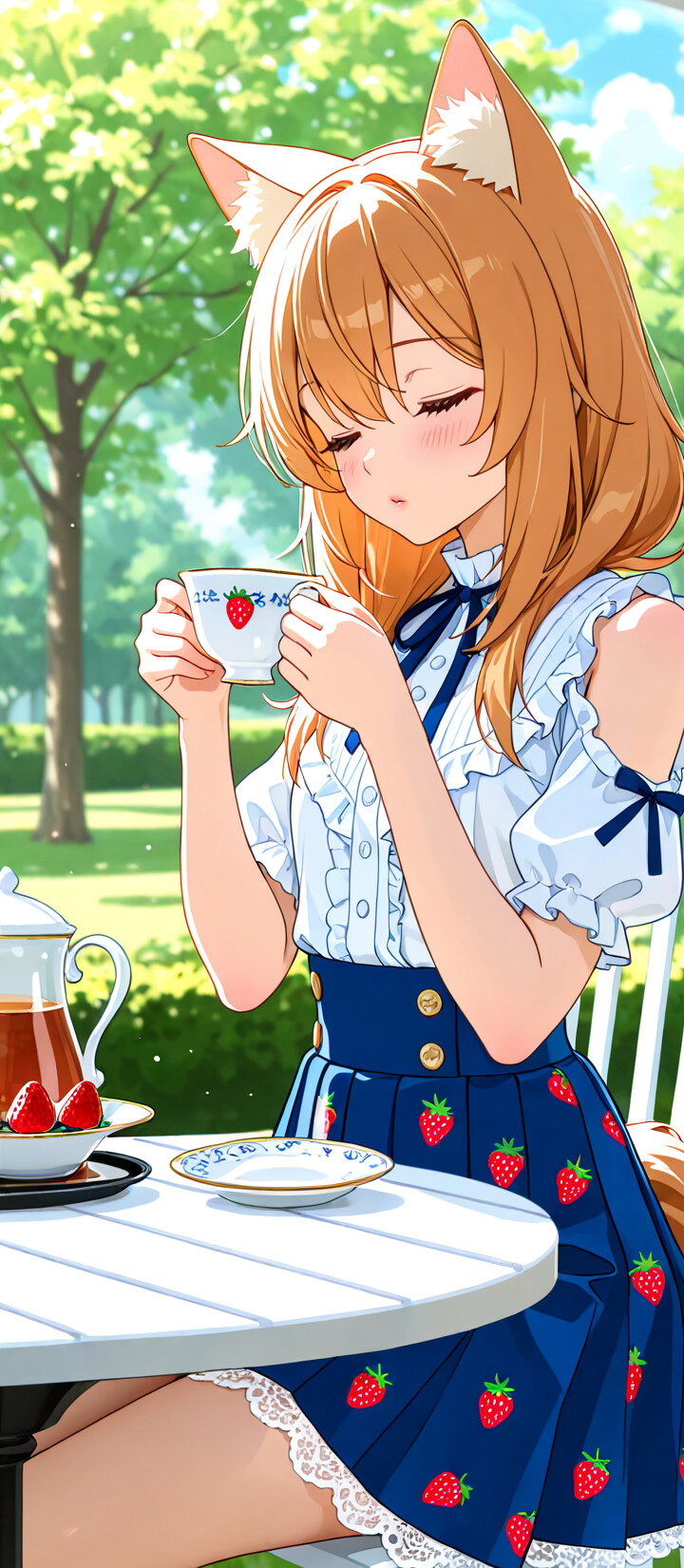 Iochi Mari from Blue Archive, an anime girl with fox ears and long orange hair, sitting at an outdoor table in a blue strawberry-print skirt and white blouse, holding a teacup with her eyes closed.