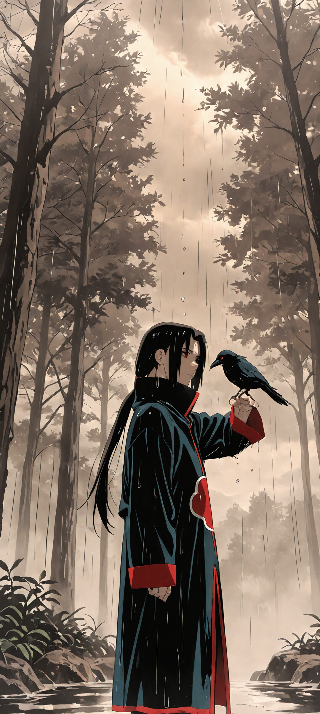Itachi Uchiha from Naruto stands in profile in a rainy forest, wearing his black and red Akatsuki cloak. He holds up his hand, and a large black crow with red eyes is perched on his finger, looking at him.