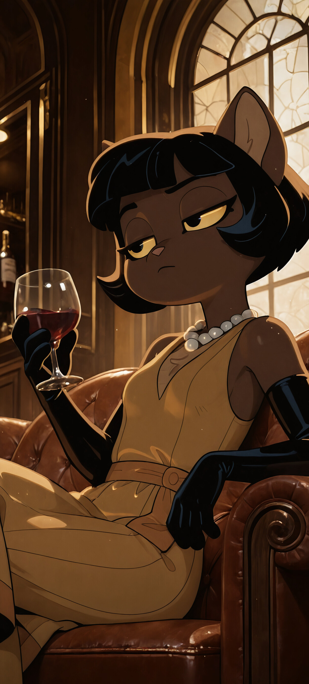 An anthropomorphic brown cat with short black hair, identified as Ivy Pepper, sits on a leather couch. She wears a yellow dress, pearl necklace, and white gloves, holding a glass of red wine and looking to the side with a bored expression in an Art Deco room.
