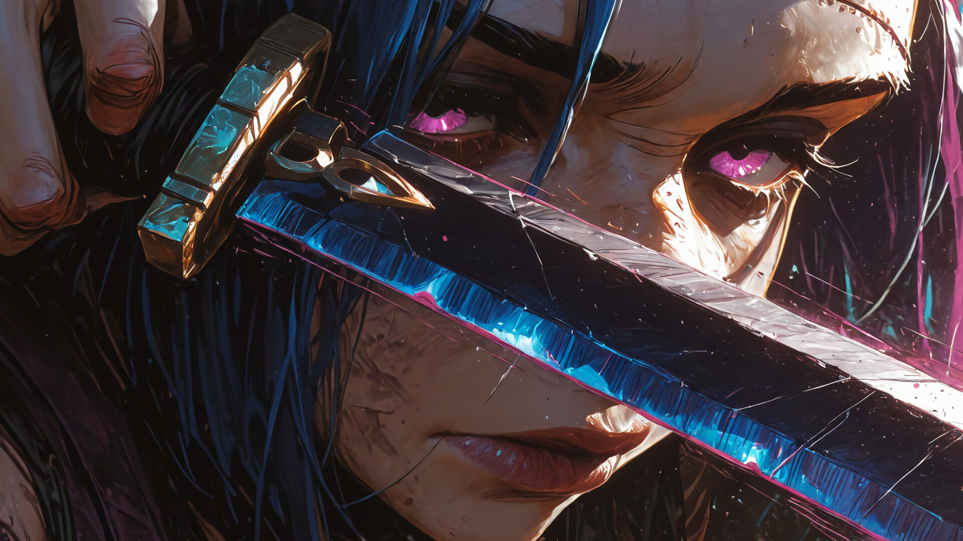A close-up digital painting of Kai'Sa from League of Legends, a woman with dark hair, pink streaks, and glowing purple eyes, holding a large knife to her face with a determined expression.