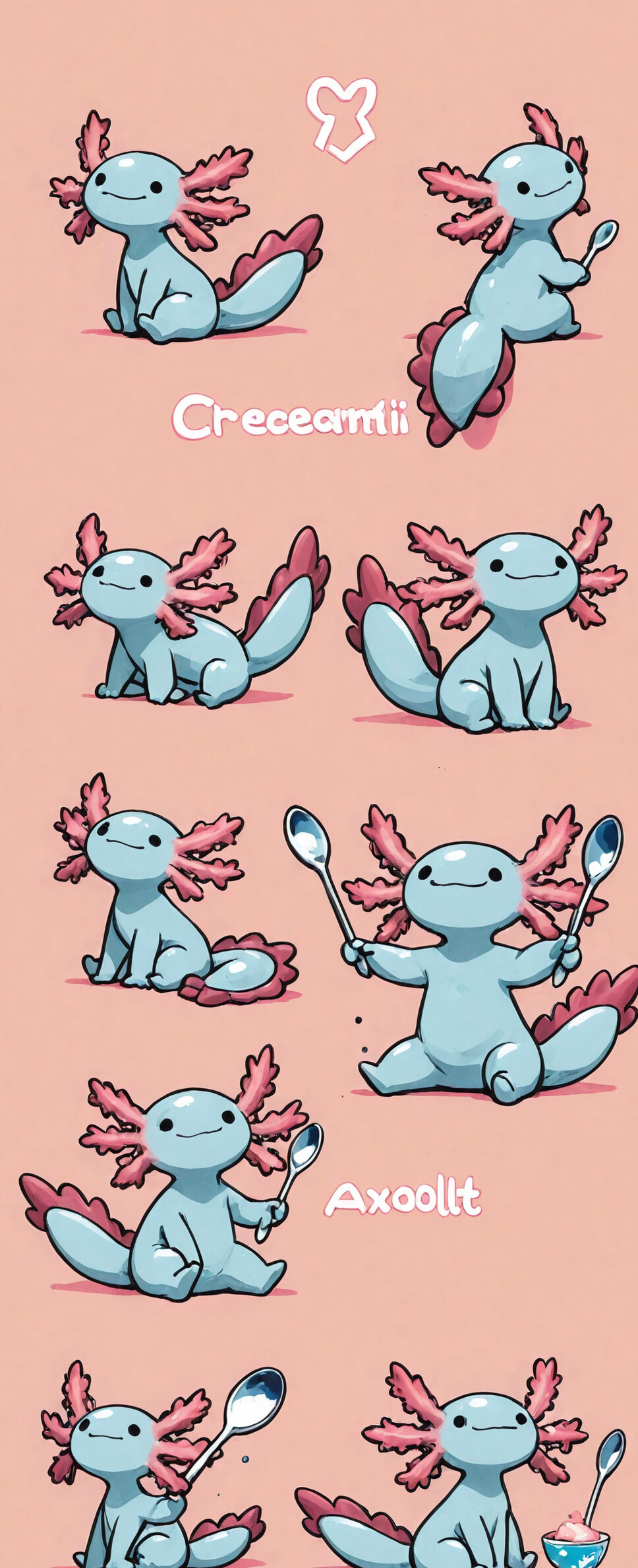 A cute pink axolotl sits on top of a blue ice cream sundae in a glass, holding a spoon. A smaller pink axolotl is inside the glass in the chocolate sauce layer.