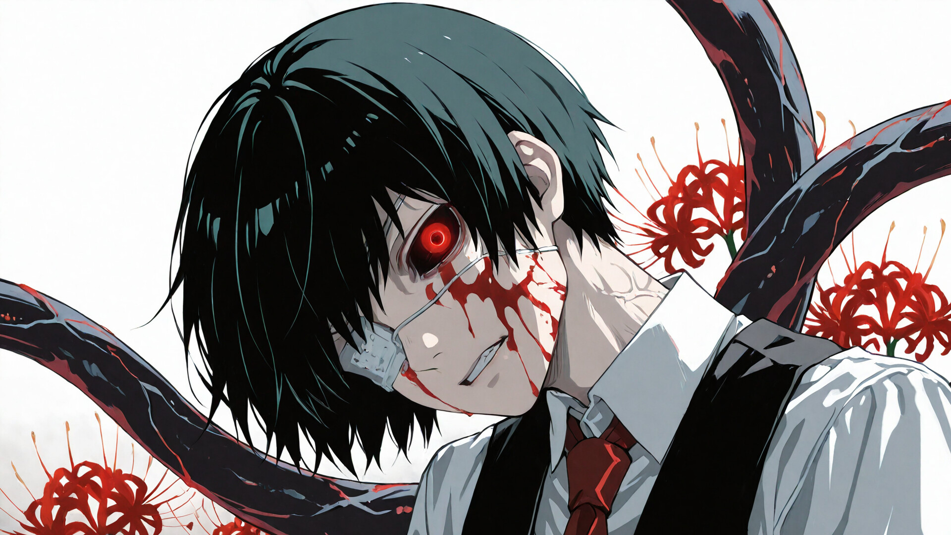 An illustration of Ken Kaneki from Tokyo Ghoul with black hair, an eyepatch, and one glowing red ghoul eye. He is splattered with blood and surrounded by red spider lilies and his kagune.