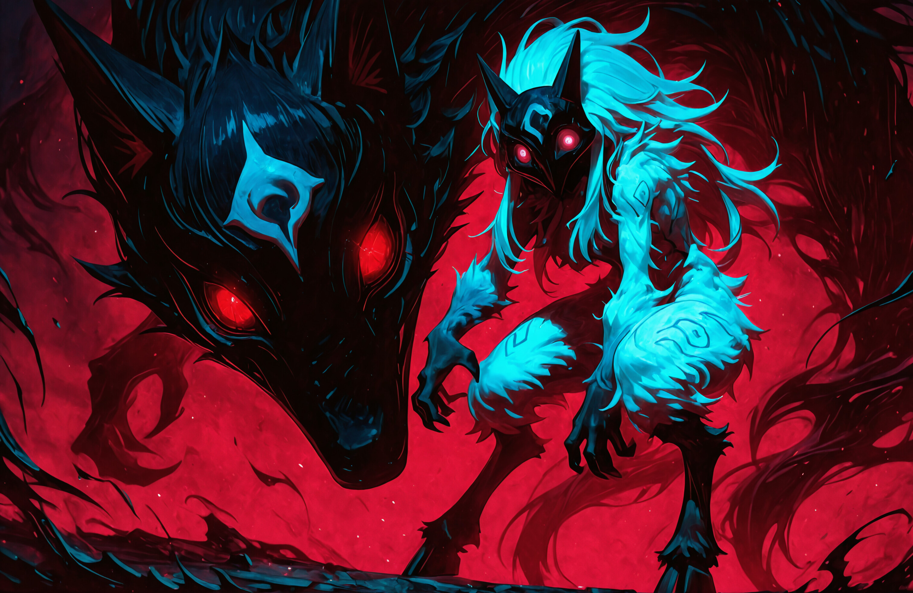 A digital illustration of the League of Legends character Kindred. Lamb, a white-furred humanoid with a mask and hooves, crouches next to her companion, Wolf, a large, shadowy wolf spirit. Both have glowing red eyes against a dark, blue and pink-lit background.